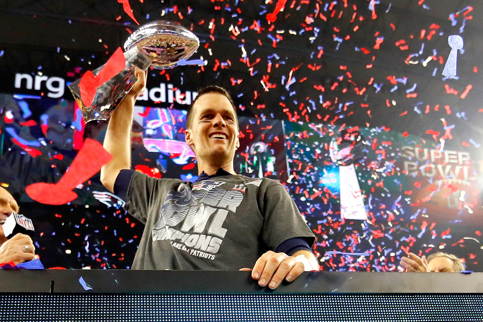 Tom Brady #12 of the New England Patriots celebrates with the Vince Lombardi Trophy after defeating the Atlanta Falcons during Super Bowl 51 at NRG Stadium on February 5, 2017 in Houston, Texas. (Kevin C. Cox—Getty Images)