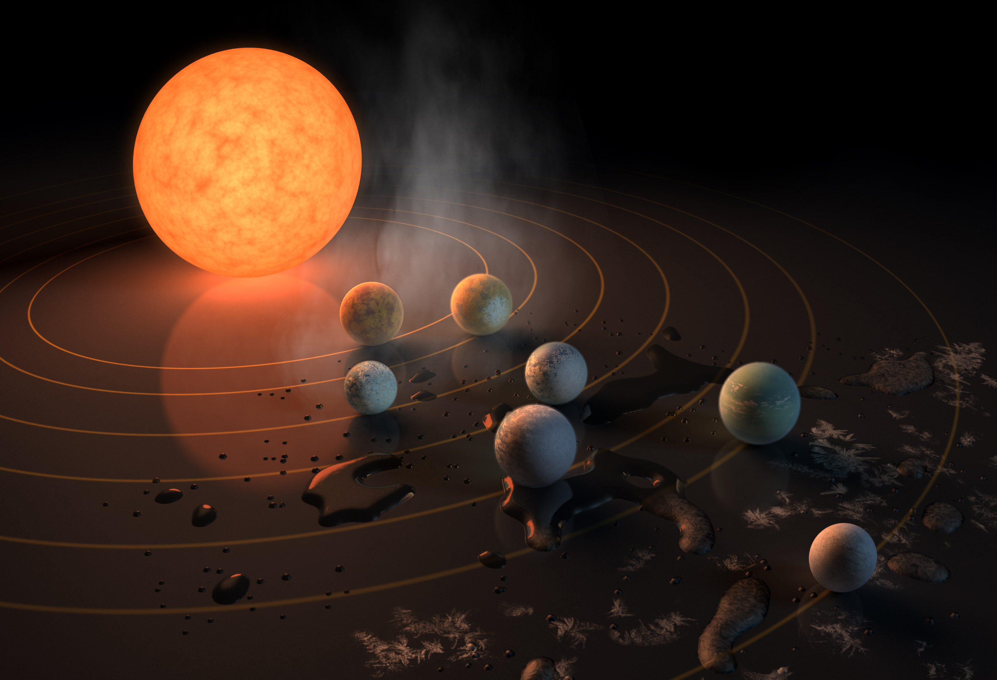 The TRAPPIST-1 star, an ultra-cool dwarf, has seven Earth-size planets orbiting it. (NASA/JPL-Caltech)