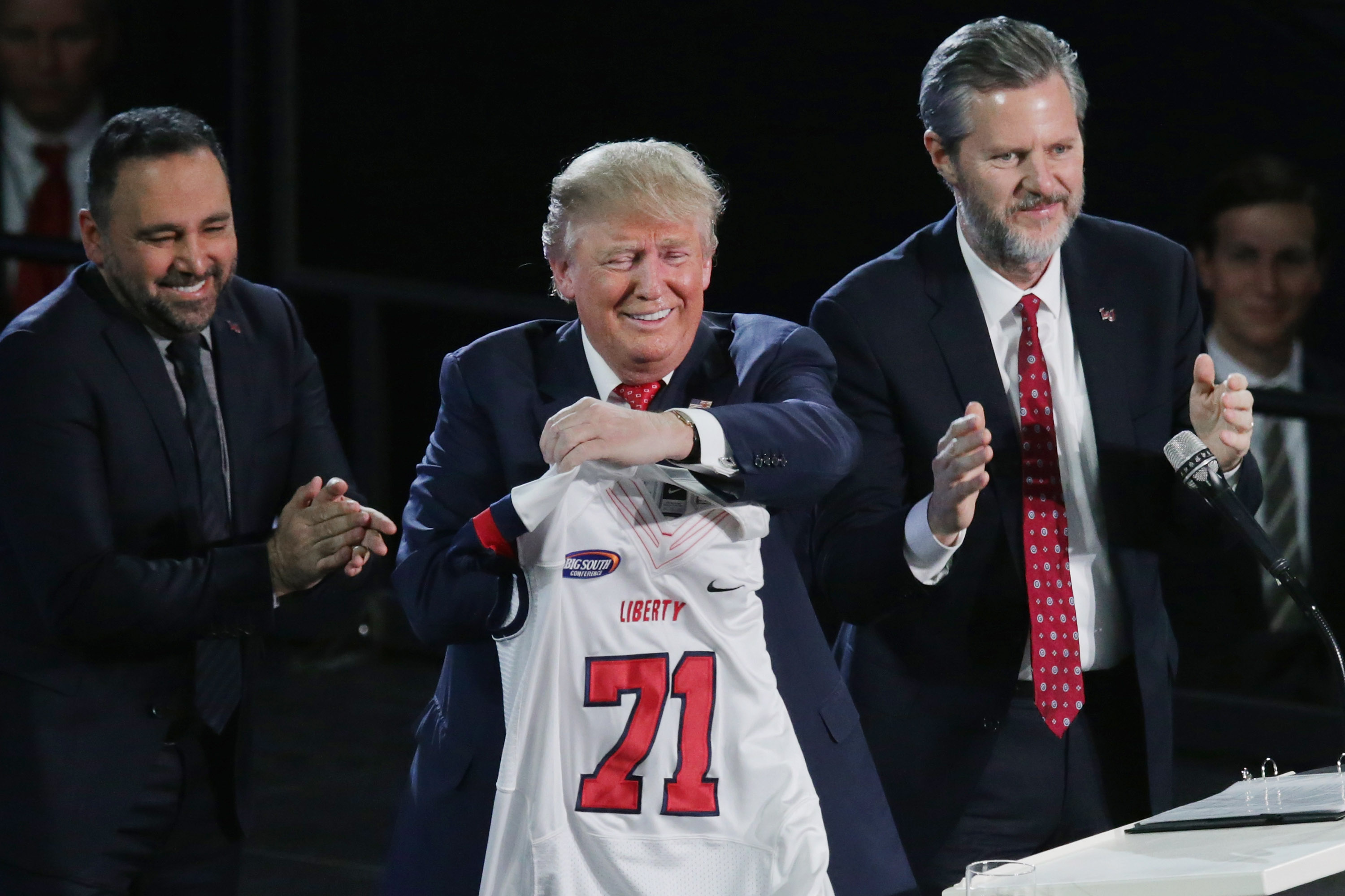 Liberty University President Jerry Falwell, Jr.  gives Donald Trump  a sports jersey after he delivered the convocation at Liberty University on January 18, 2016 in Lynchburg, Virginia. (Chip Somodevilla&mdash;Getty Images)