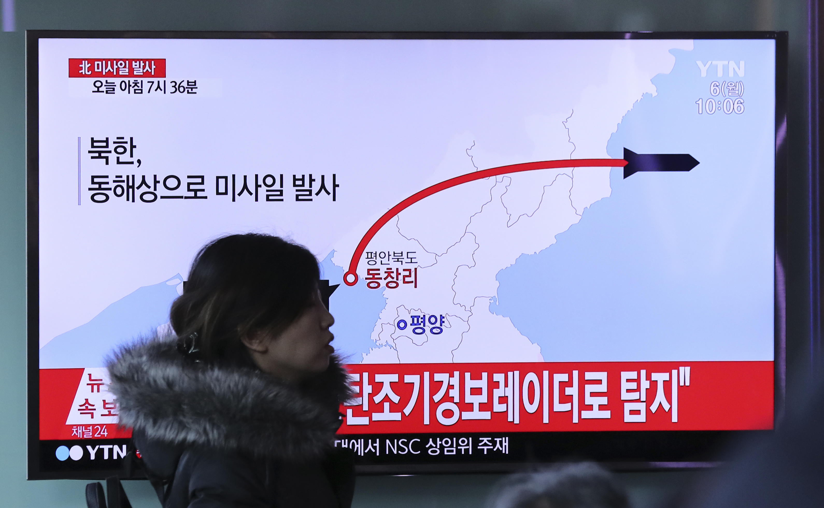 In this March 6, 2017 file photo, a TV screen shows a report about North Korea's missile firing, at Seoul Train Station in South Korea. (Lee Jin-man—AP)