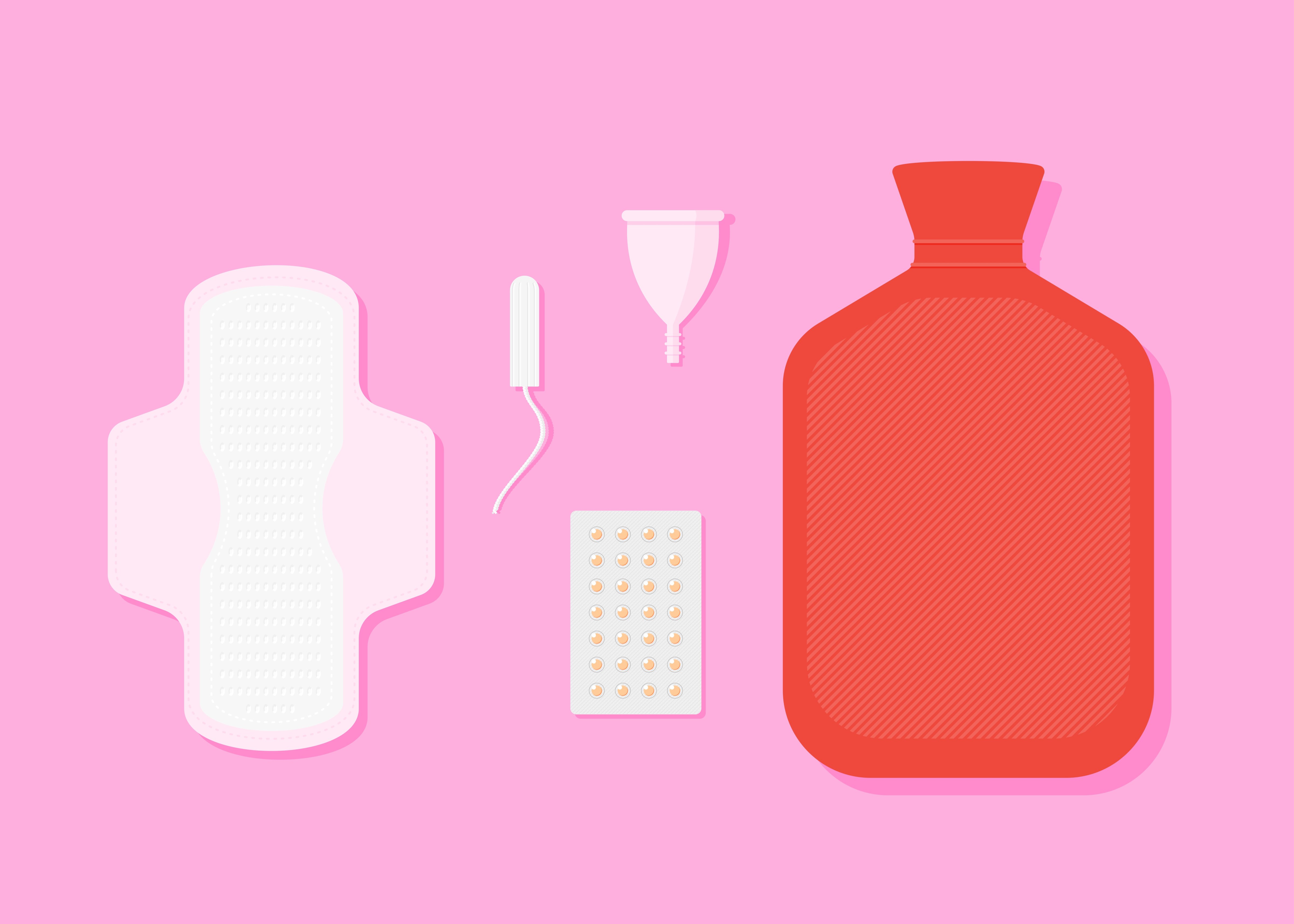 Modern Menstruation - absorbent, tampon, reusable period cup and hot water bottle