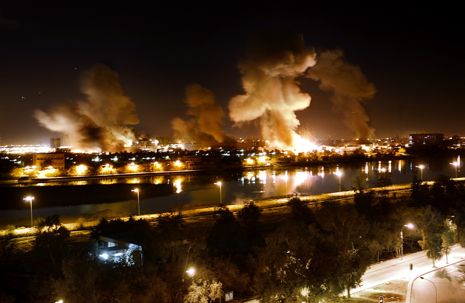 An explosion rocks a building in the palace complex of Saddam Hussein, during the U.S. 'Shock and Awe' air raids which marked the beginning of the occupation in Baghdad, Iraq, April 21, 2003. The complex on the banks of the Tigris later became what is now known as the Green Zone and houses both the Iraqi legislation as well as key U.S. installations.