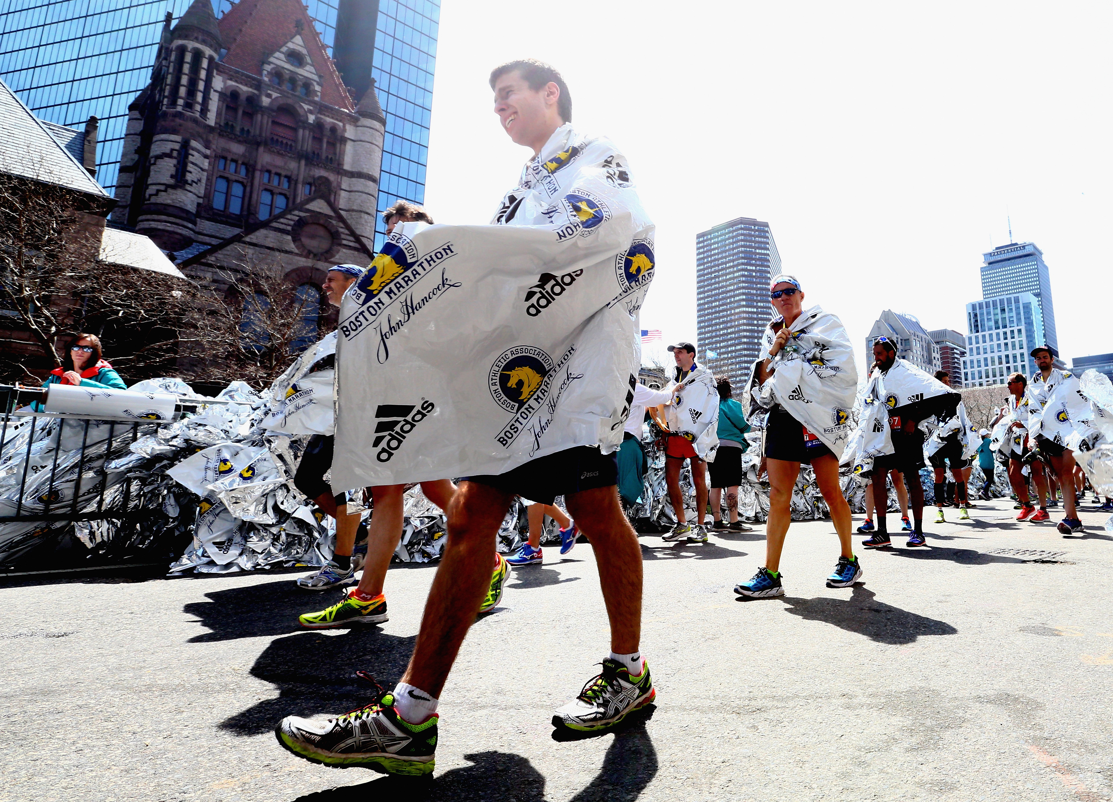 Runners are seen wearing blankets after completing the 120th Boston Marathon on April 18, 2016 in Boston, Massachusetts. (Maddie Meyer, Getty Images)