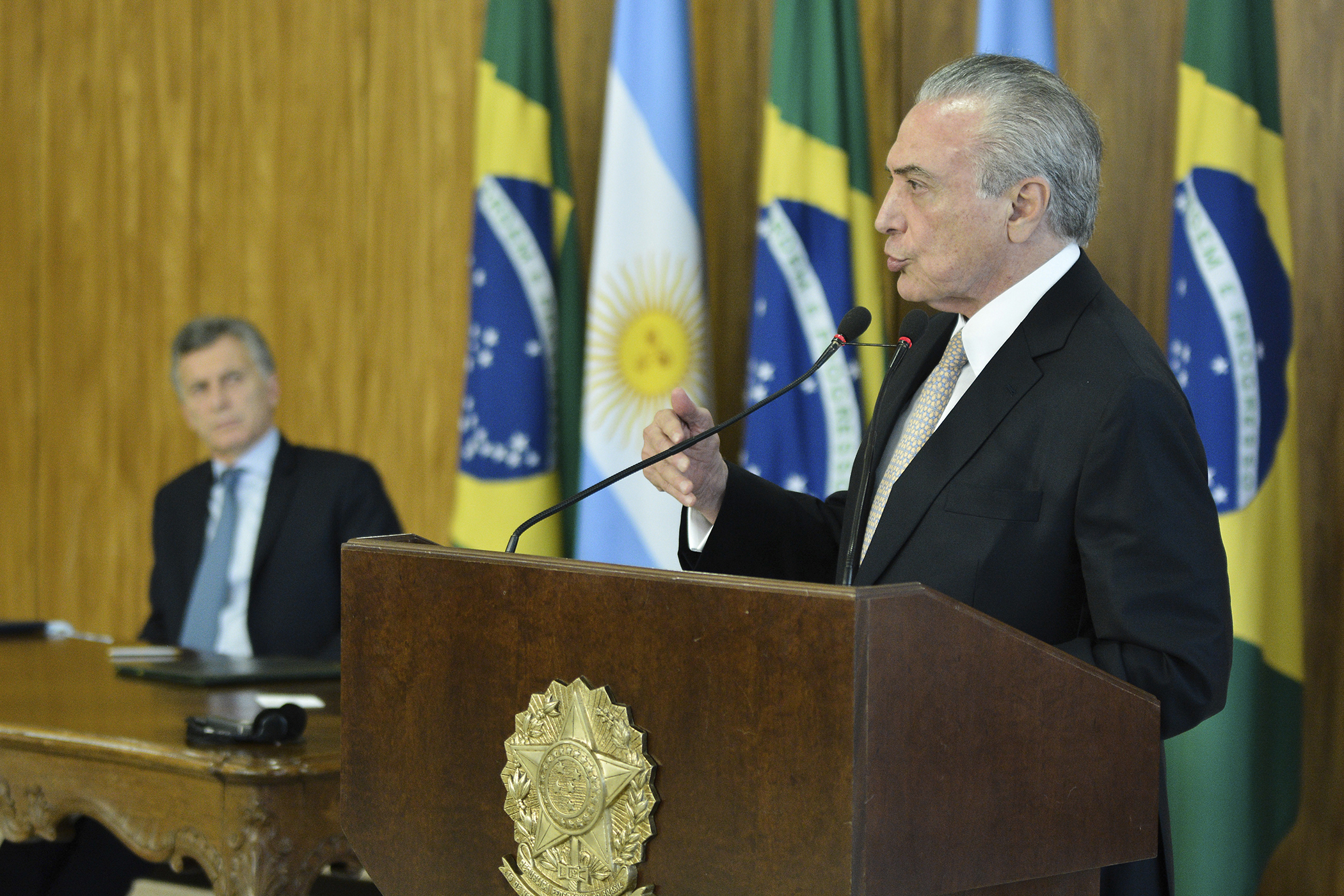 Michel Temer President of Brazil speaks during a press conference prior to signing Cooperation Agreements between Argentina and Brazil as part of an official visit to Planalto Palace on February 07, 2017 in Brasilia, Brazil. (Ricardo Botelho/Brazil Photo Pre&mdash;LatinContent/Getty Images)