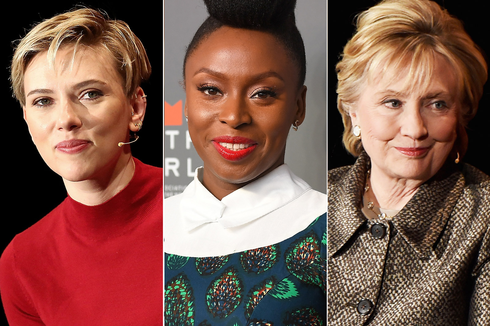 Monica Schipper—WireImage/Getty Images (L);  Angela Weiss—AFP/Getty Images (C); Monica Schipper—WireImage/Getty Images (Scarlett Johansson in New York City on April 6, 2017 (L); Chimamanda Ngozi Adichie in New York City on April 5, 2017 (C); Hillary Clinton in New York City on April 6, 2017.)