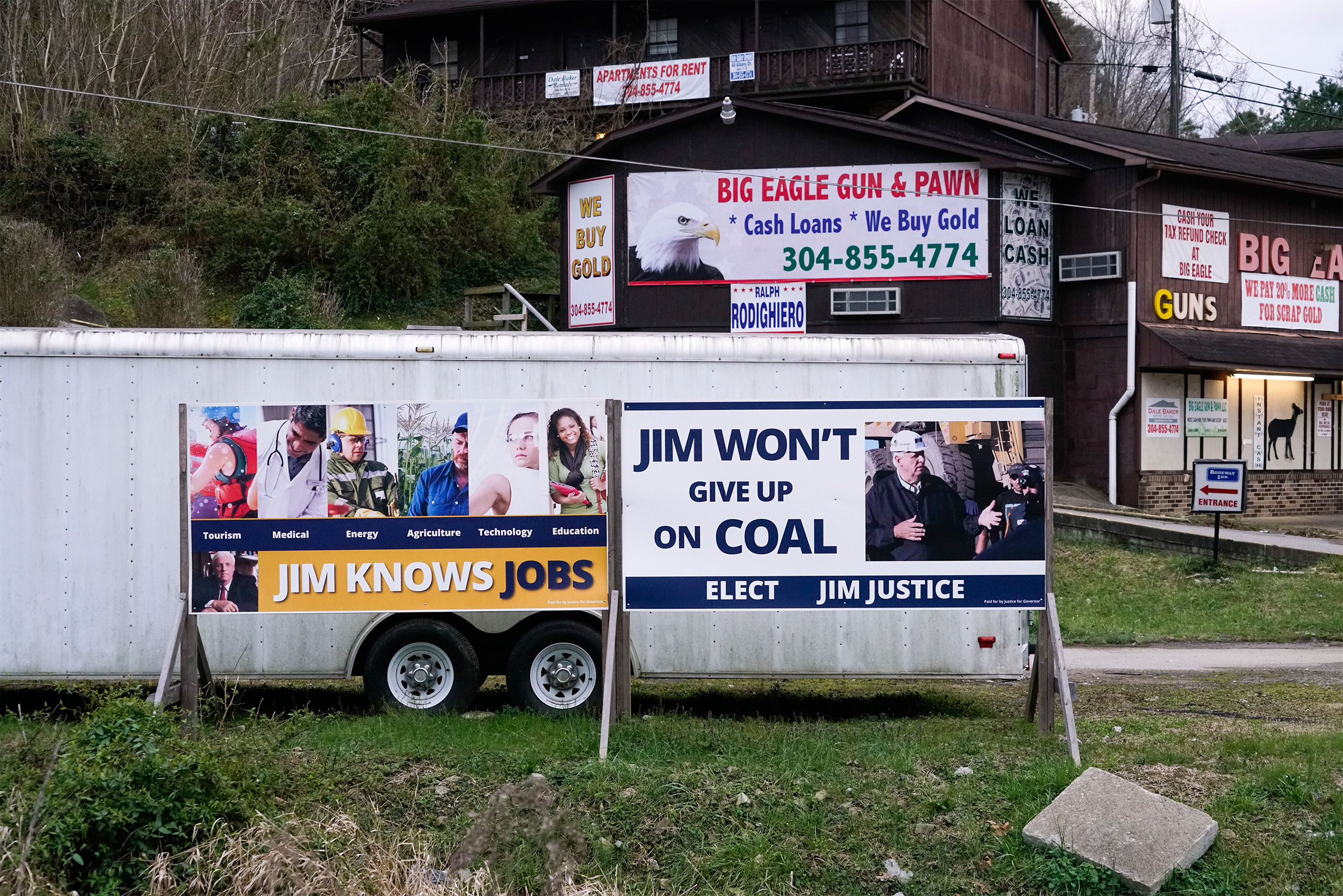 Election posters for Jim Justice (now Governor of West Virginia) appear in Chapmanville, W.Va., on Mar. 18, 2017. (Peter van Agtmael—Magnum Photos for TIME)