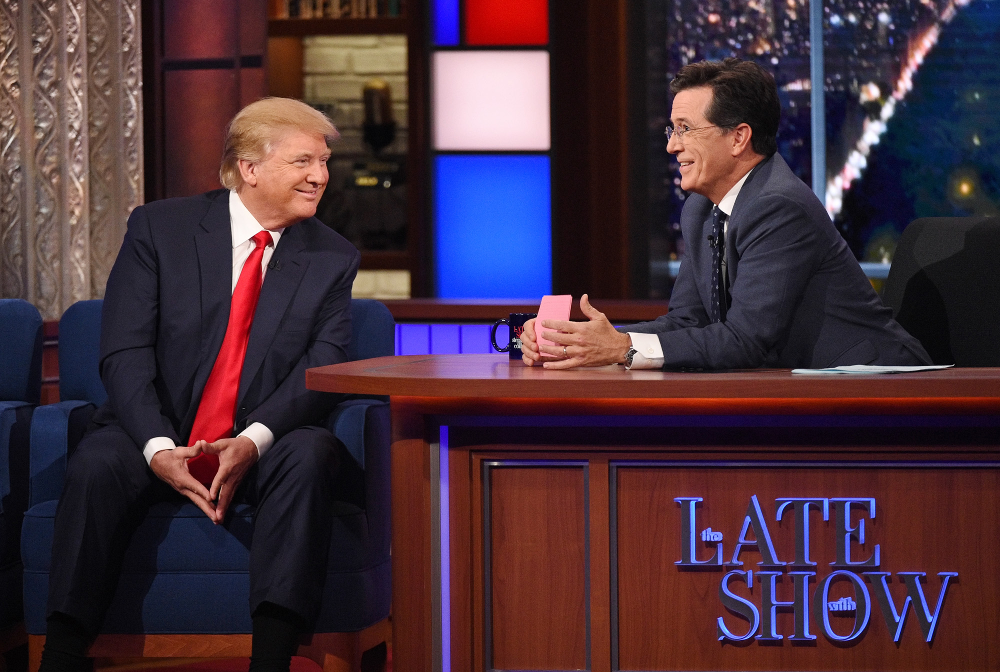 NEW YORK - SEPTEMBER 22: Donald Trump talks about his US Presidential campaign  on The Late Show with Stephen Colbert, Tuesday Sept. 22, 2015 on the CBS Television Network. (CBS Photo Archive&mdash;CBS via Getty Images)