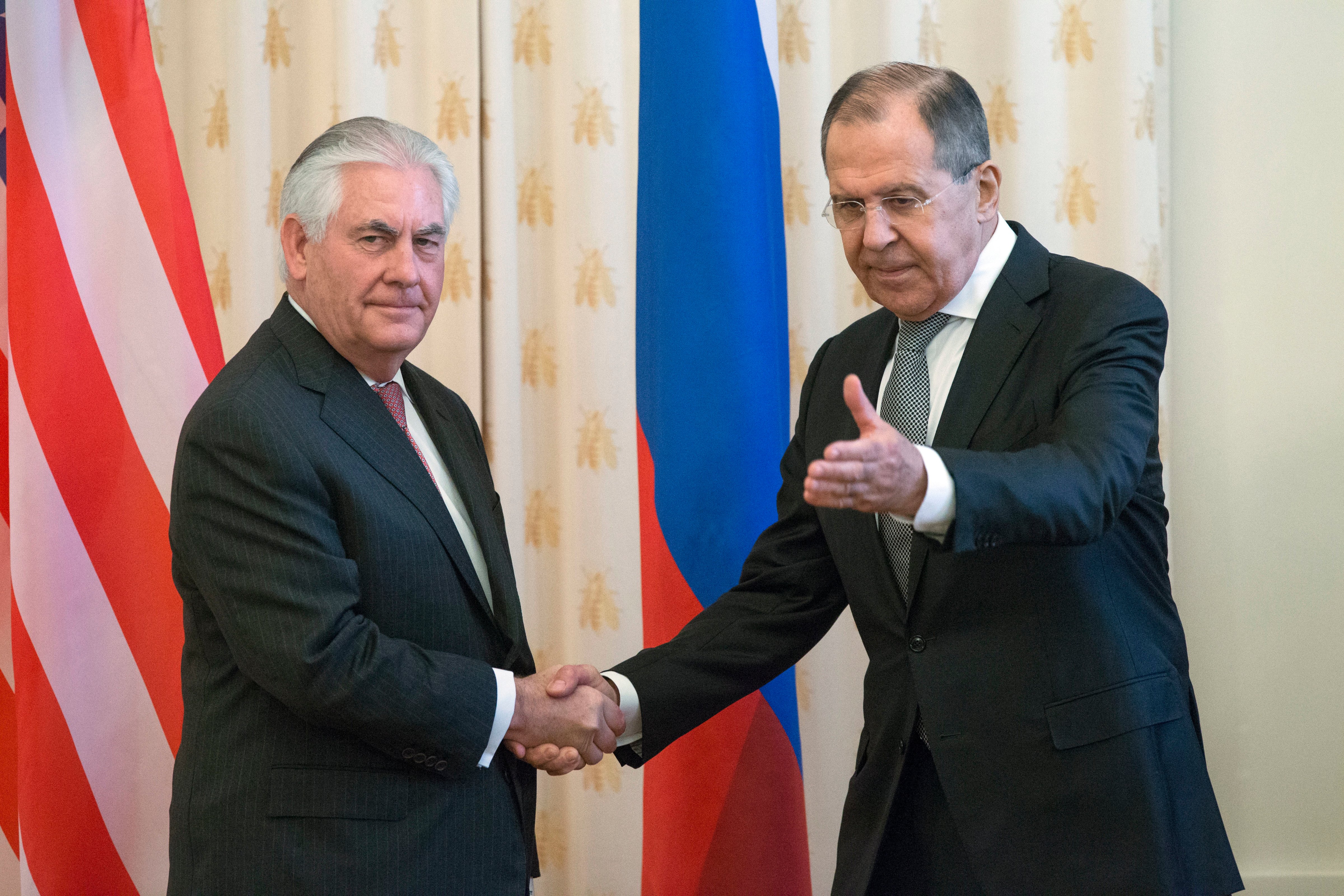 Secretary of State Rex Tillerson and Russian Foreign Minister Sergey Lavrov, shake hands prior to their talks in Moscow, Russia, April 12, 2017. (Alexander Zemlianichenko—AP)