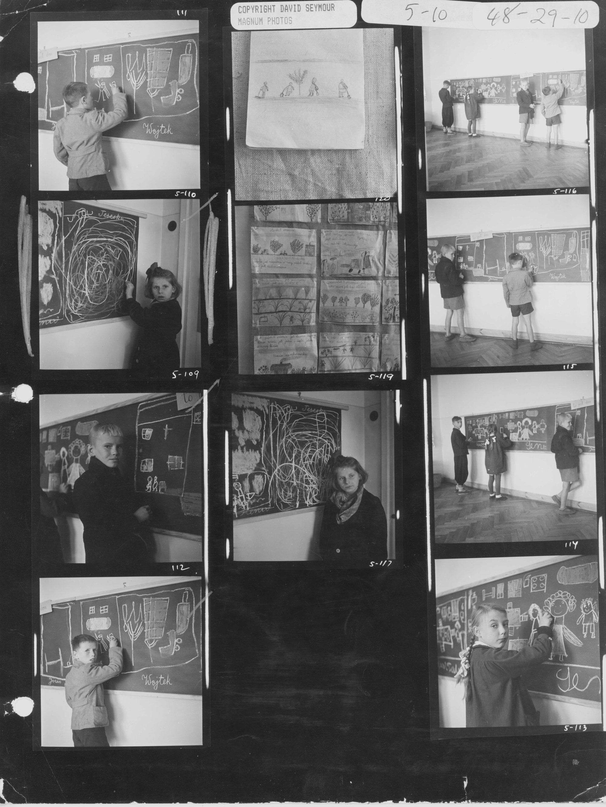 Contact sheet of the children drawing on blackboard. Special-need institute, Warsaw, 1948. (David ‘Chim' Seymour—Magnum Photos)