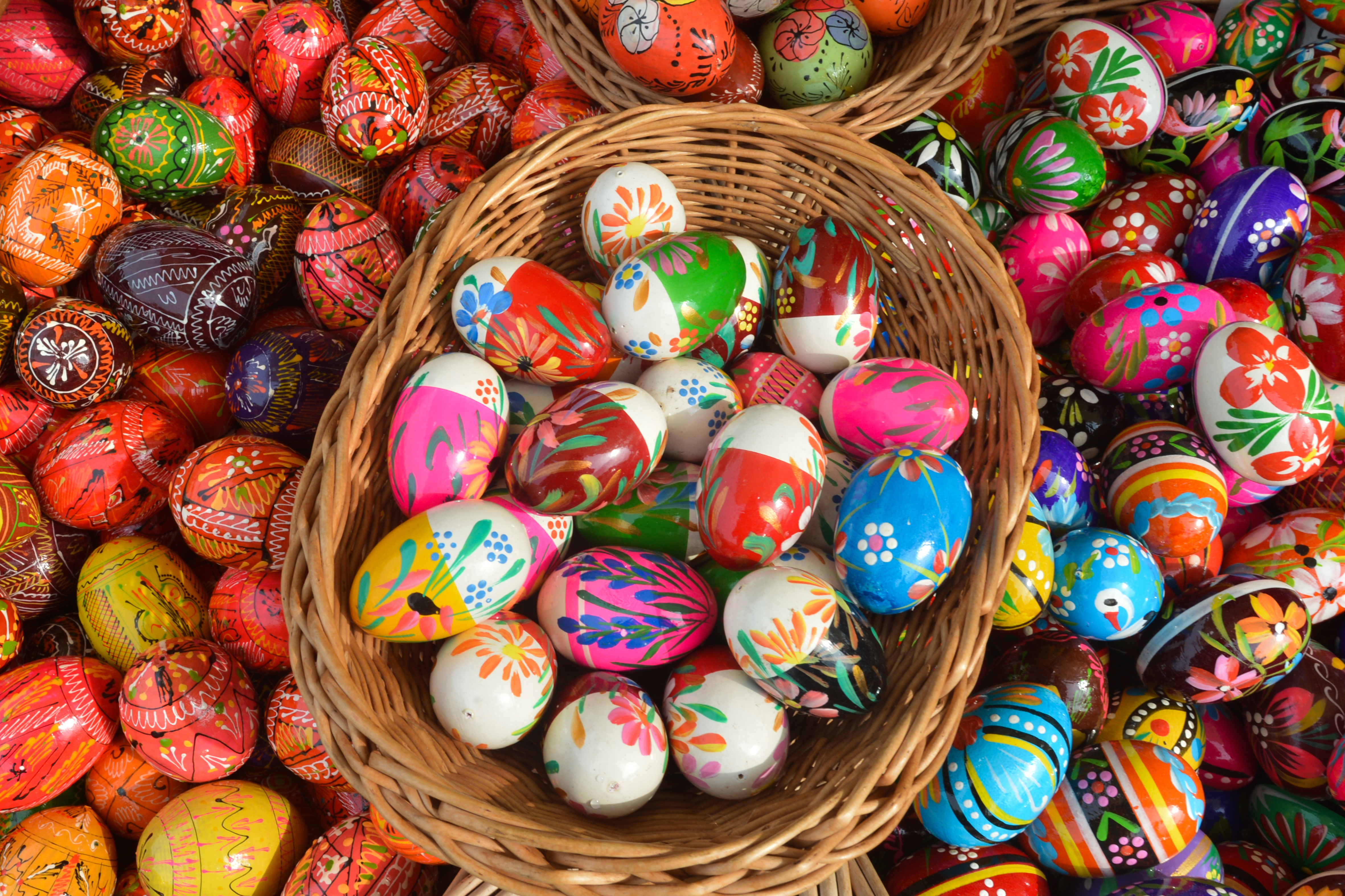 Hand made traditional hand painted Easter eggs (Polish: Pisanki) and baskets on display for sale on Krakow's Easter market. (NurPhoto—NurPhoto via Getty Images)