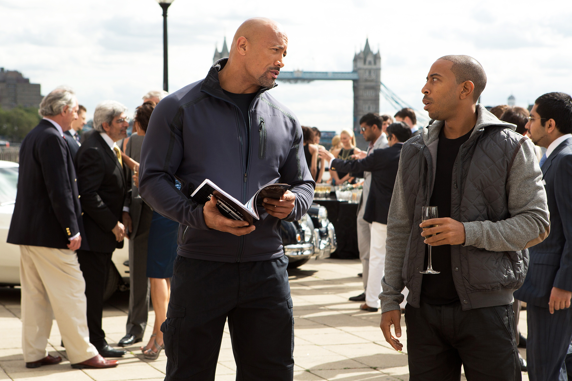 Dwayne Johnson, as Luke Hobbs, and Ludacris, as Tej Parker, in Fast & Furious 6 in 2013.