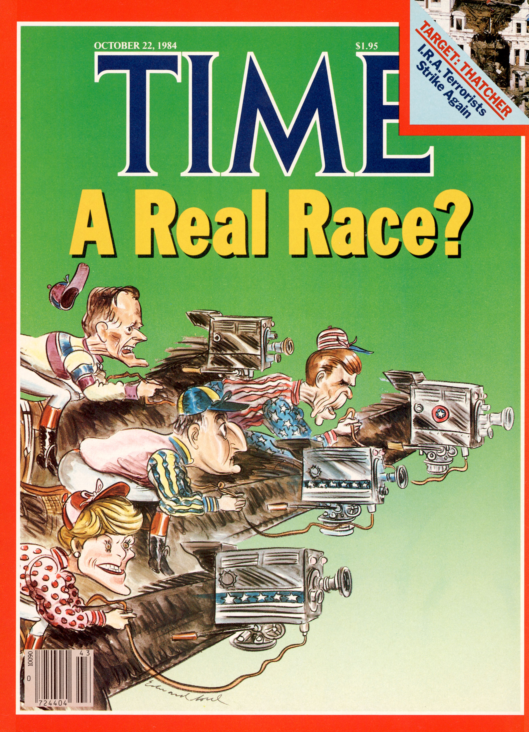 George H.W. Bush, top left, with Geraldine Ferraro, Walter Mondale and Ronald Reagan, on the Oct. 22, 1984, cover of TIME. Illustration by Edward Sorel.