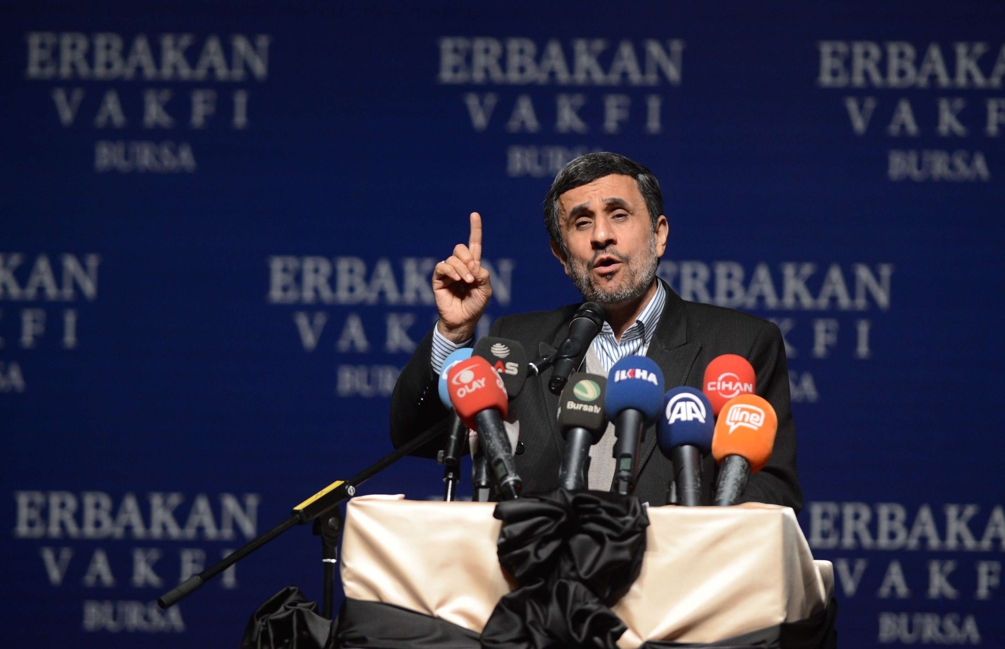 Former Iranian President Mahmoud Ahmadinejad makes a speech during commemorating for the late Prime Minister Necmettin Erbakan organized by Erbakan Association in Bursa, Turkey, on Feb. 27, 2015 (Ali Atmaca—Anadolu Agency—Getty Images)