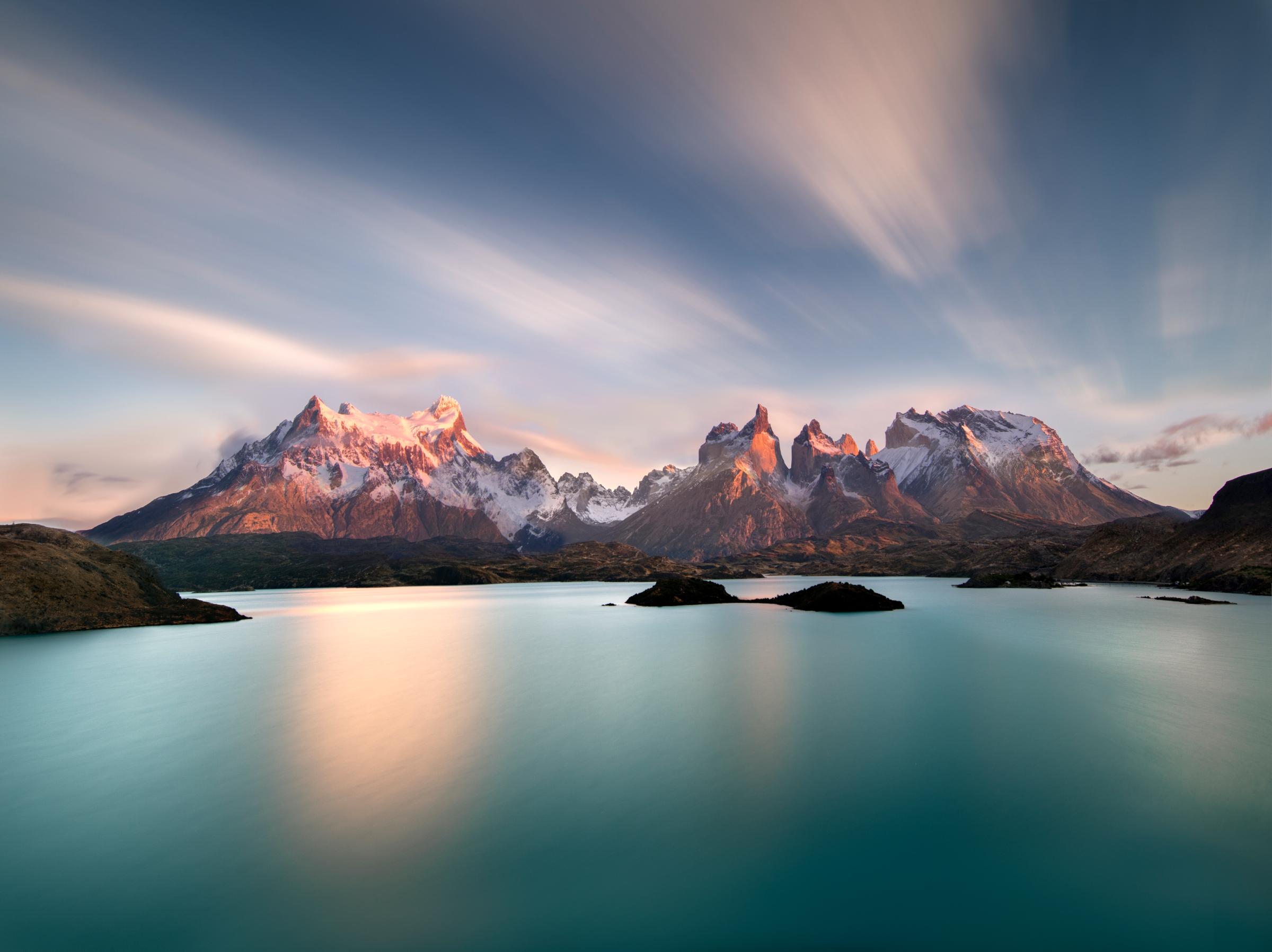 Torres del Paine at sunrise with Pehoe lake