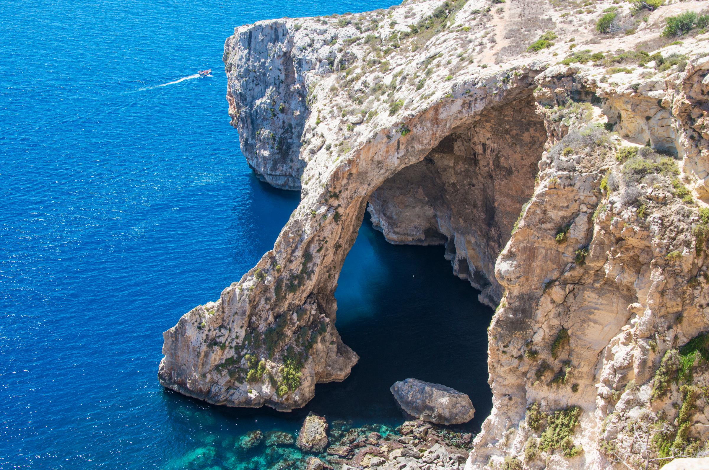 High angle view of a rock formation at the coast, Blue Grotto, South Coast, Malta