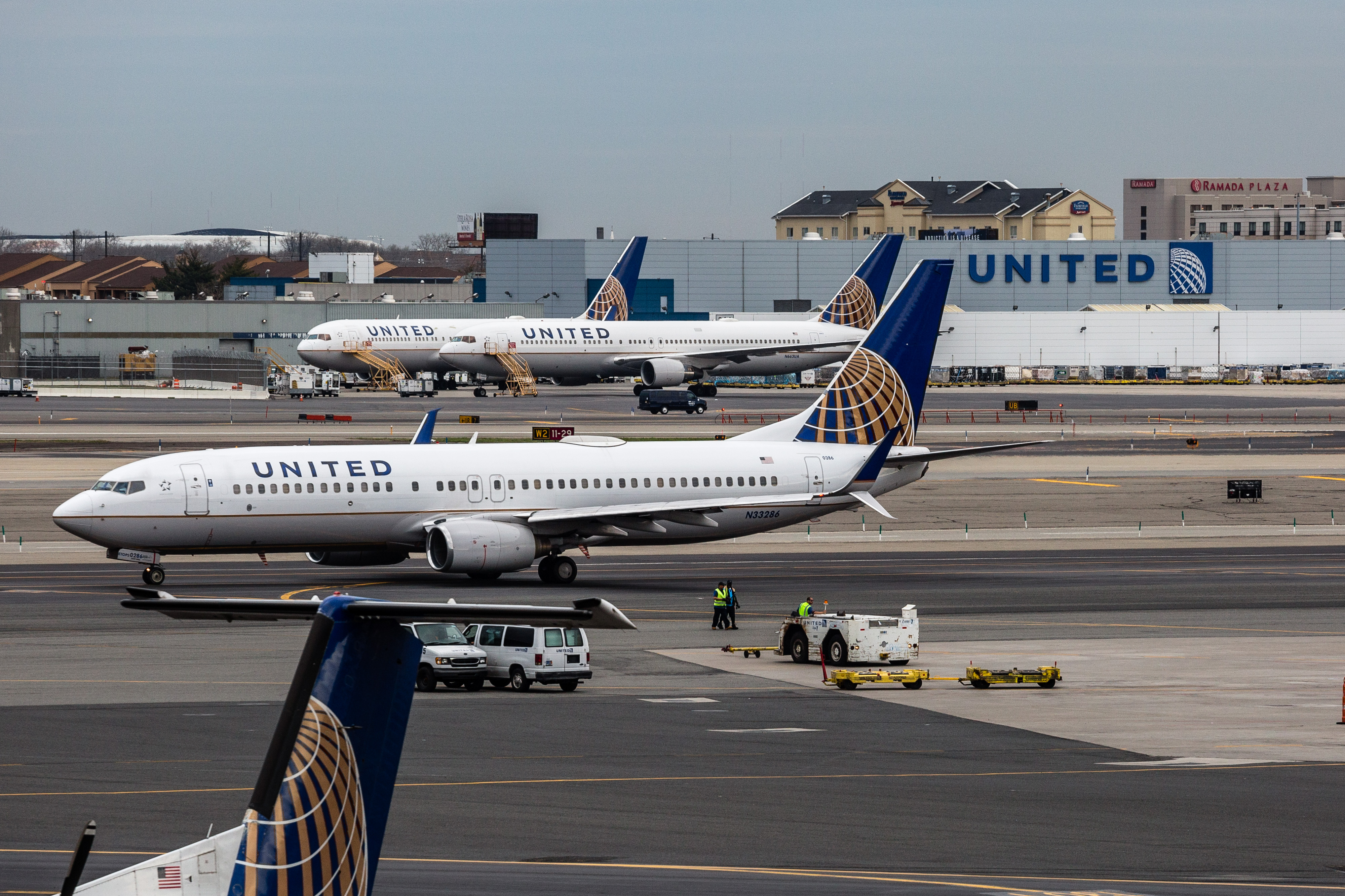 United airplanes outside the company's hangar at Newark Liberty International Airport (EWR) in Newark, New Jersey, on April  12, 2017. (Timothy Fadek—Bloomberg/Getty Images)