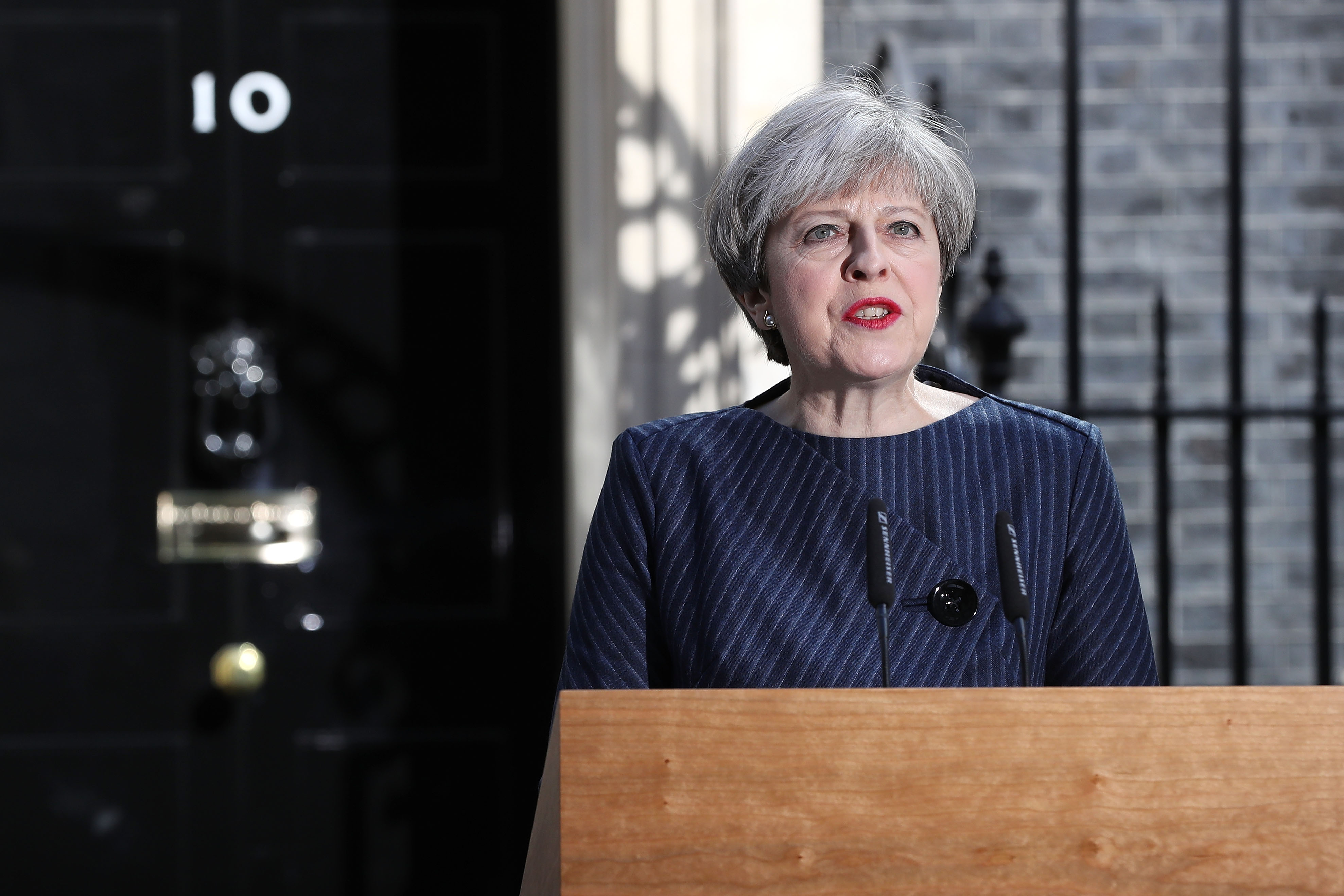 Prime Minister Theresa May makes a statement to the nation in Downing Street on April 18, 2017 in London, United Kingdom. (Dan Kitwood—Getty Images)