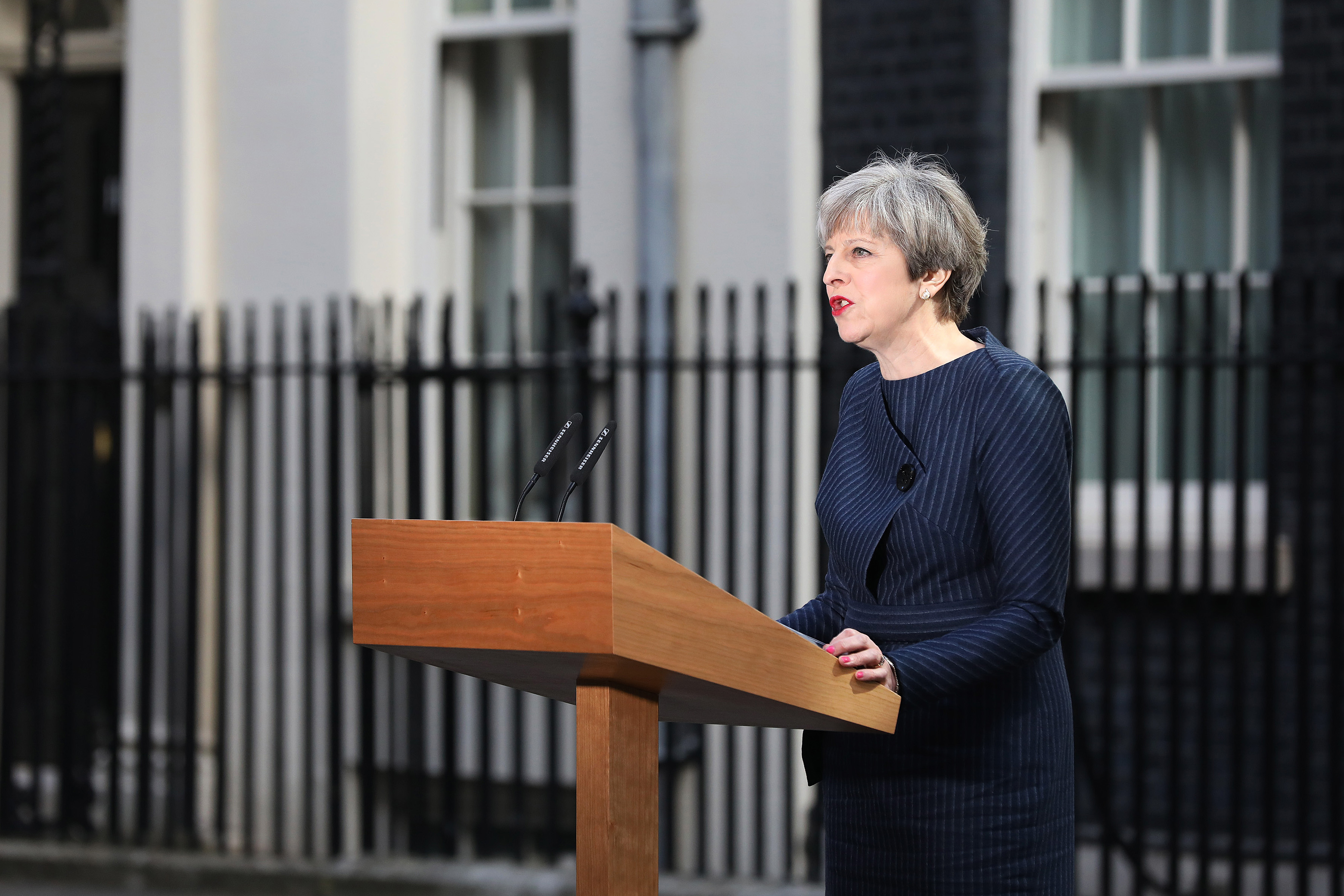 Theresa May, U.K. prime minister, announces a general election outside 10 Downing Street in London, U.K., on Tuesday, April 18, 2017. (Chris Ratcliffe—Bloomberg via Getty Images)