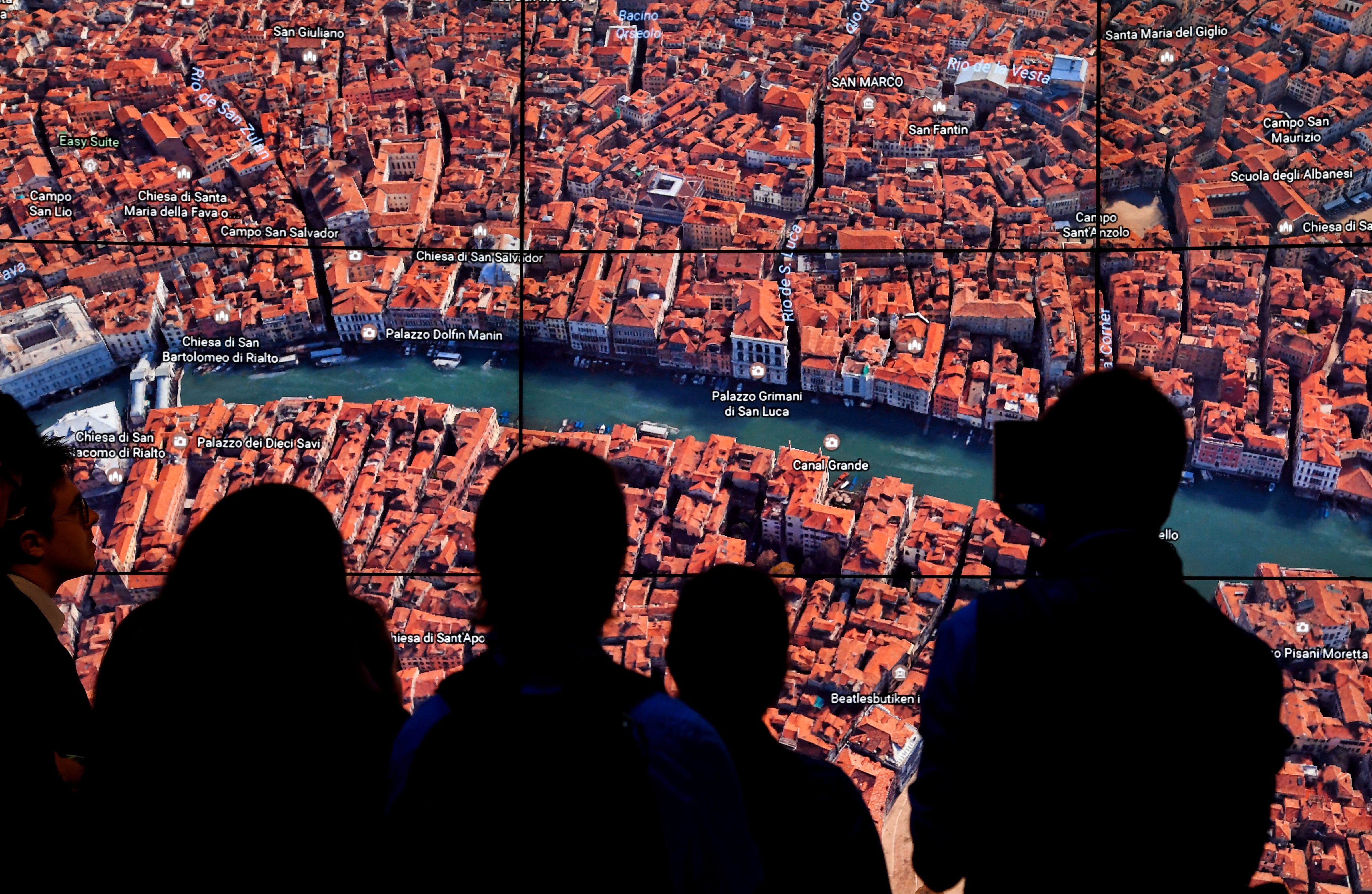 A Google Earth map of Venice, Italy on a screen as Google Earth unveils the revamped version of the application in New York on April 18, 2017. (Timothy A. Clark—AFP/Getty Images)