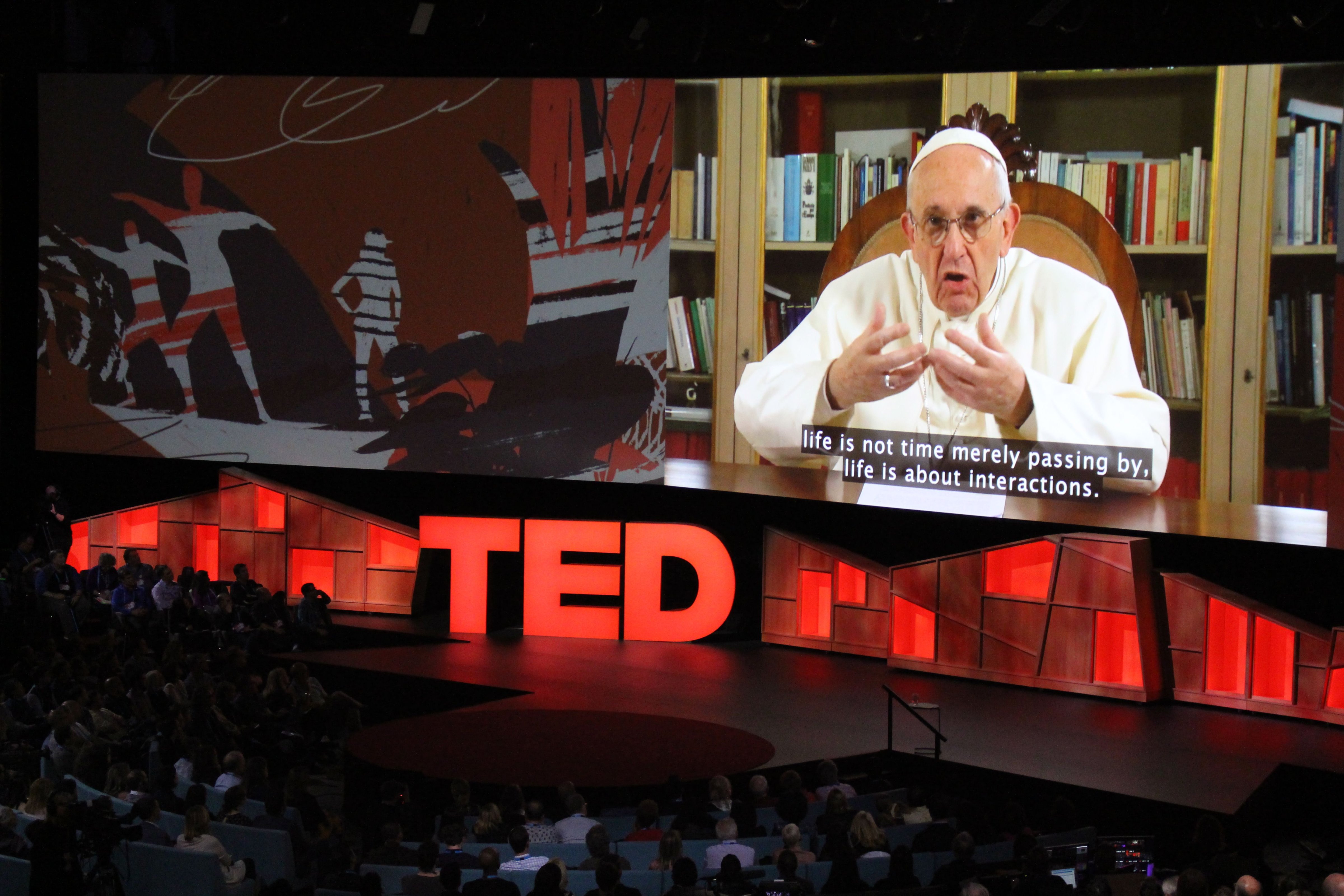 Pope Francis speaks during the TED Conference, urging people to connect with and understand others, in Vancouver, Canada, April 25, 2017. (Glenn Chapman—AFP/Getty Images)