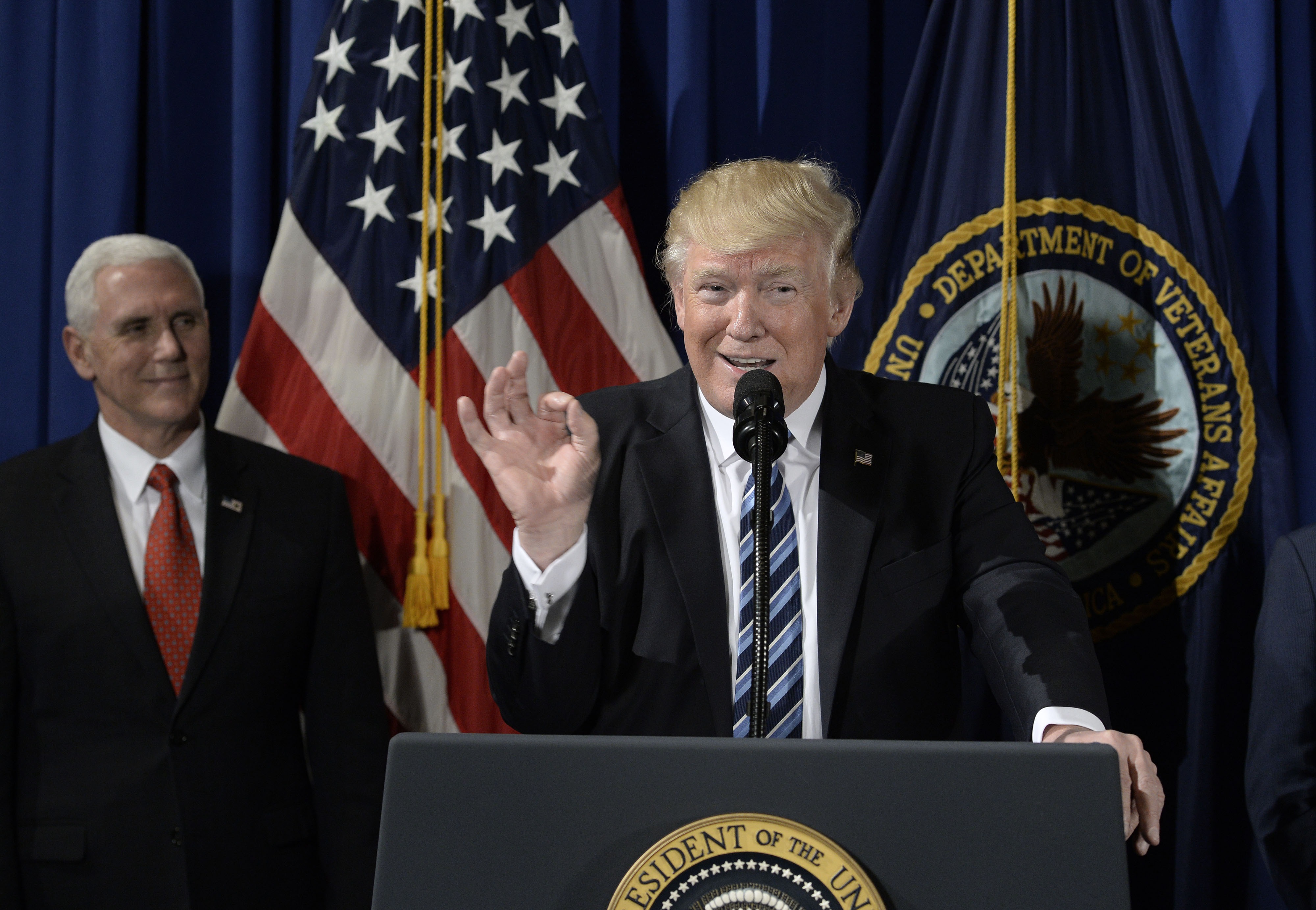 President Trump speaks at the Department of Veterans Affairs before signing an Executive Order on April 27, 2017 in Washington, DC. (Pool/Getty Images)