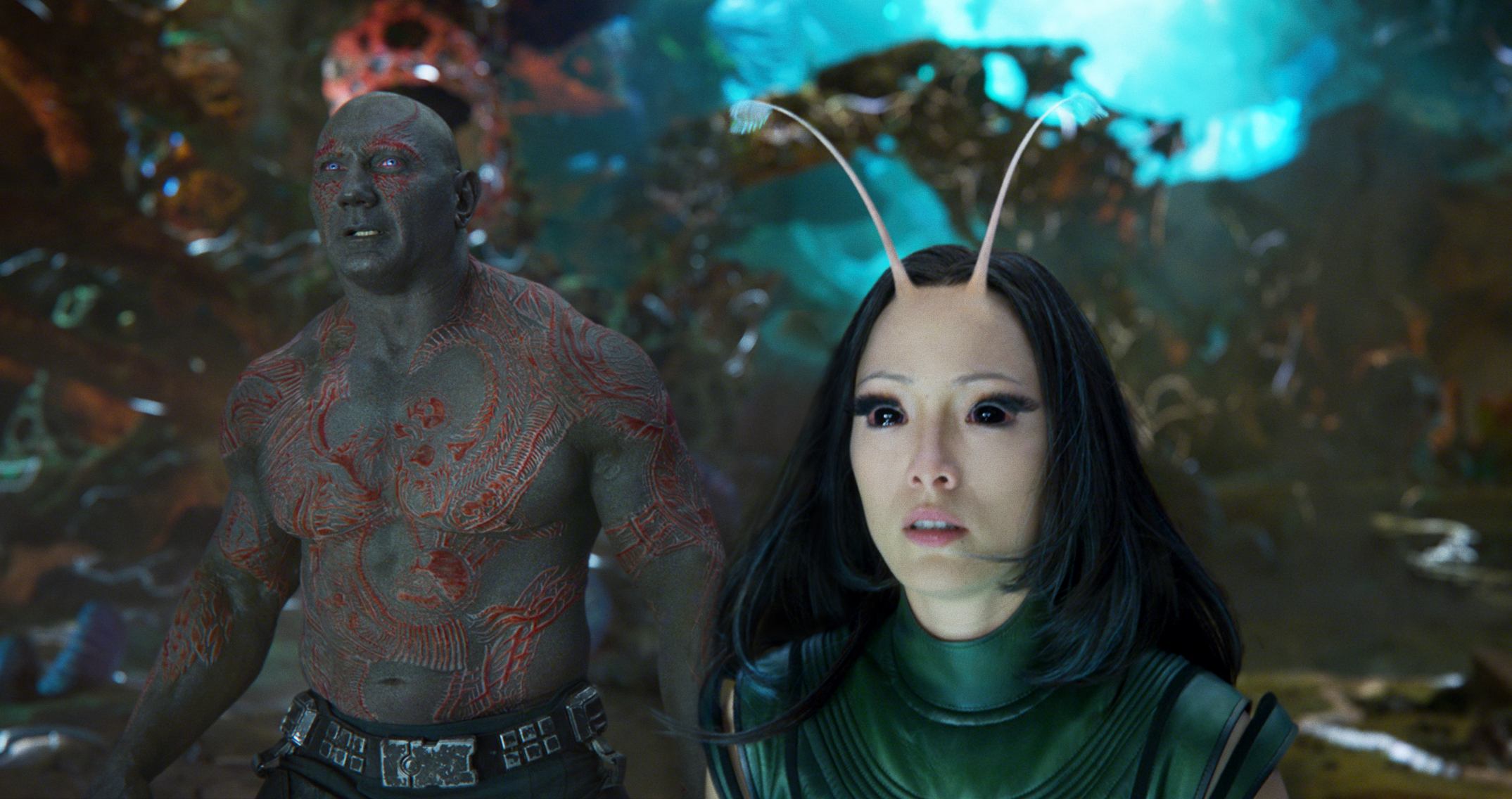 From left: Dave Bautista and Pom Klementieff in <i>Guardians Of The Galaxy Vol. 2</i>. (©Marvel Studios)