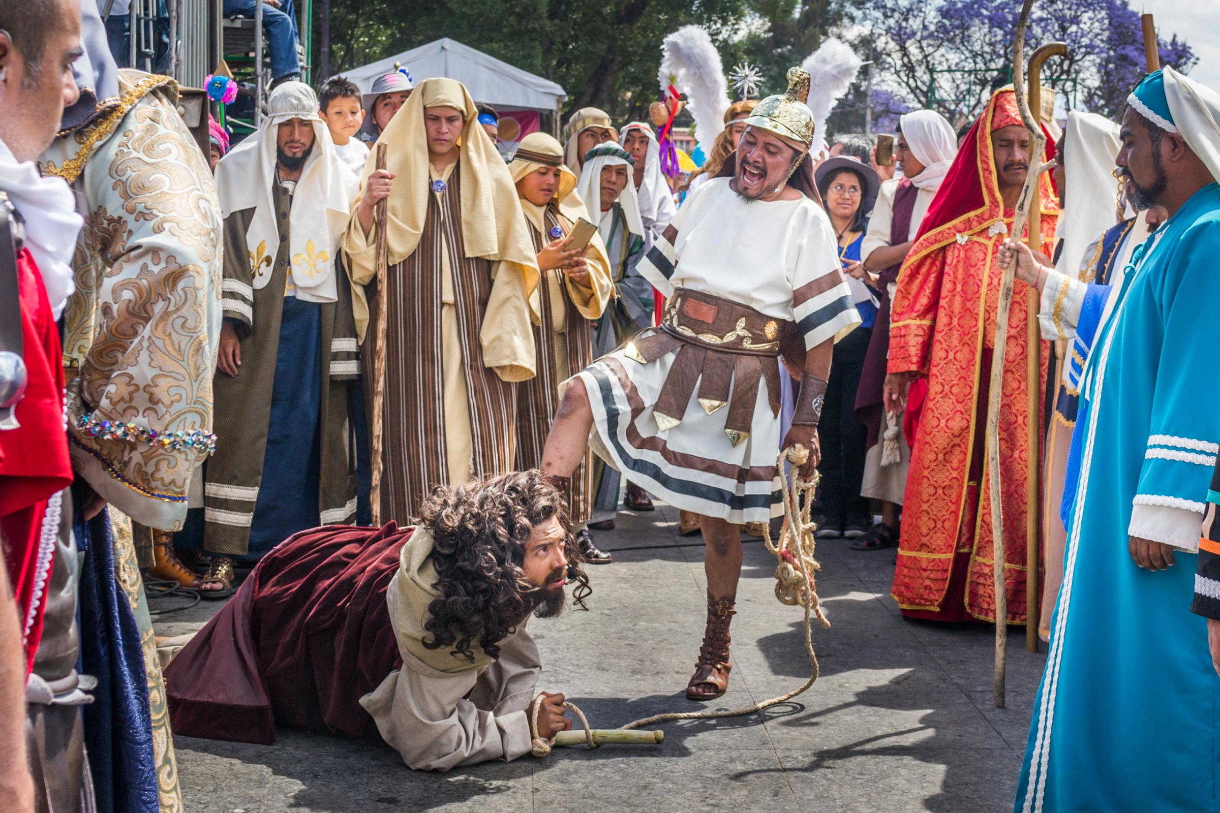 A reenactment of the stations of the cross depicting the passion of Jesus Christ during Holy Week celebrations in Iztapalapa, Mexico.