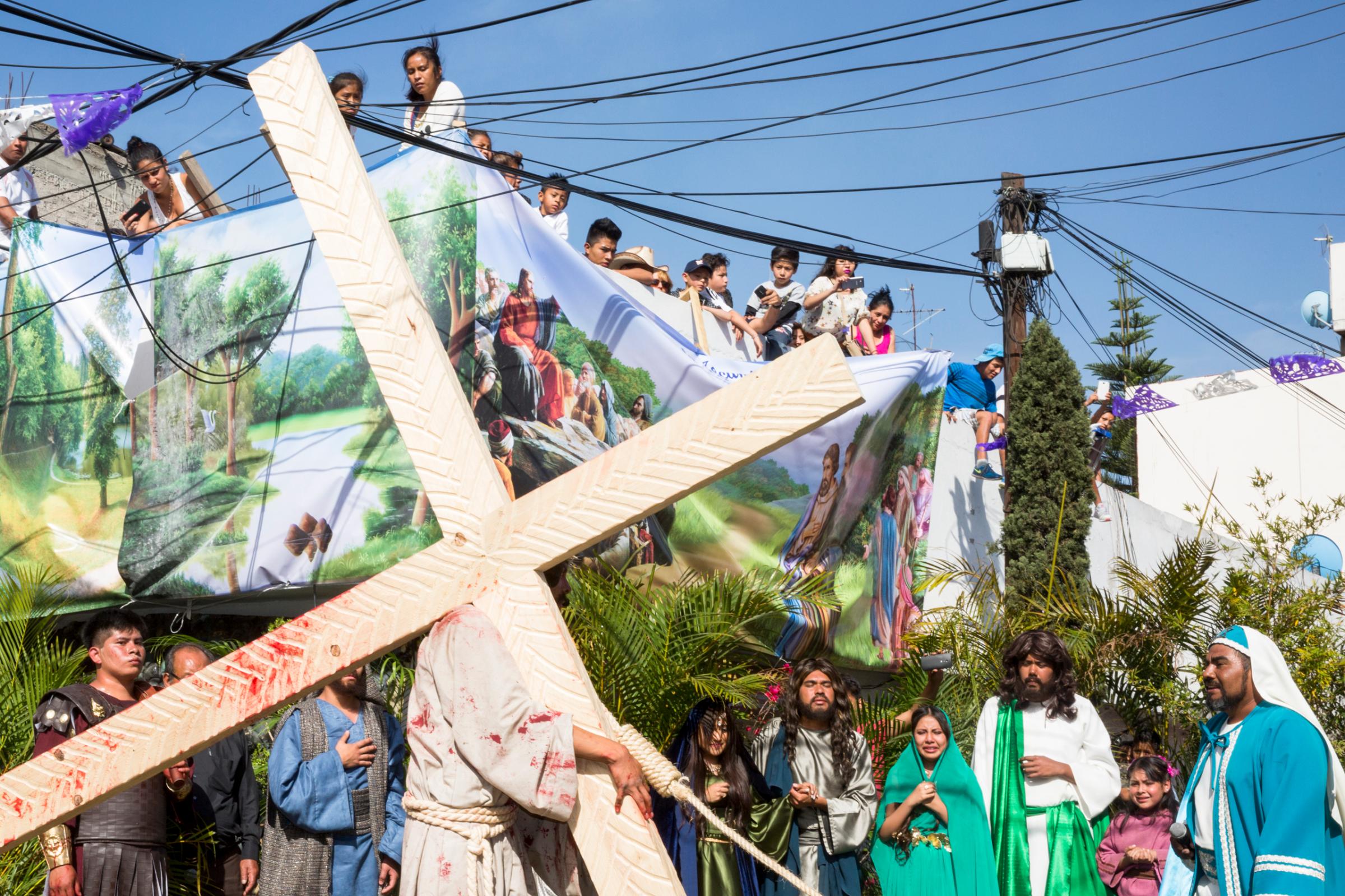 A reenactment of the crucifixion of Jesus during the Holy Week celebrations in Iztapalapa, Mexico.