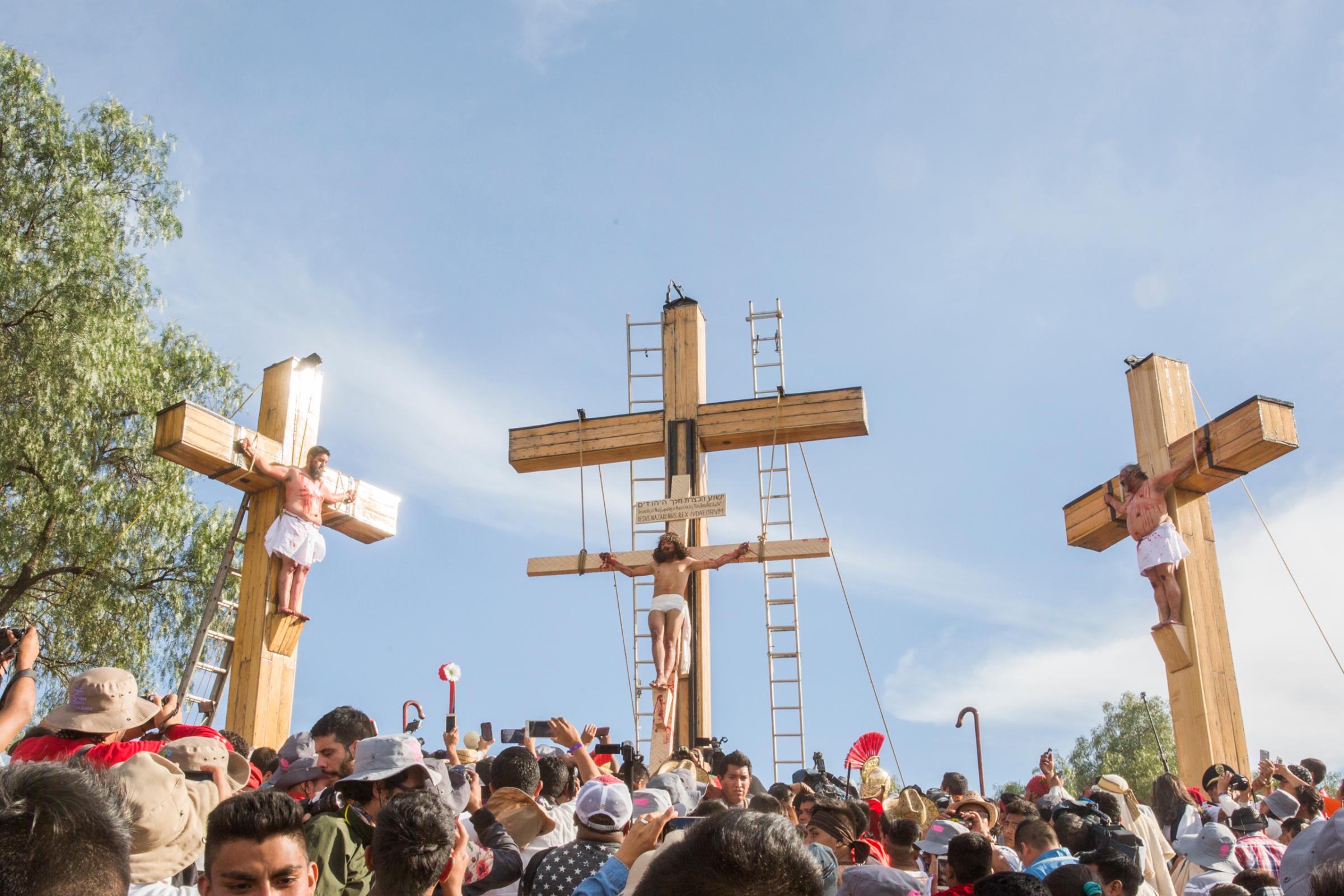 Crucifixion of Jesus Christ during the Holy Week celebrations in Iztapalapa, Mexico.