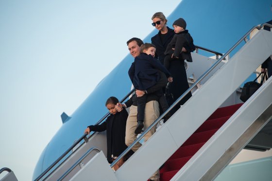 Jared Kushner and his wife Ivanka Trump step off Air Force One with their children Arabella (L), Joseph (C) and Theodore at Andrews Air Force Base in Maryland, on March 5, 2017.