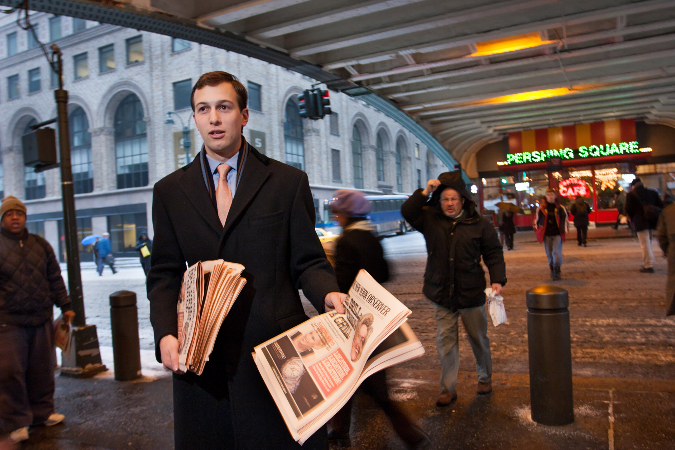 Jared Kushner handing out free copies of The New York Observer's first issue published under his new ownership, in front of Grand Central Station 42nd St., New York City, Feb. 14, 2007. (Joe Fornabaio)