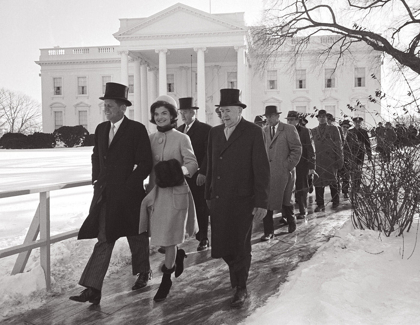 John F. Kennedy and Jackie Kennedy head to the inauguration ceremony, Washington, DC, January 20, 1961.