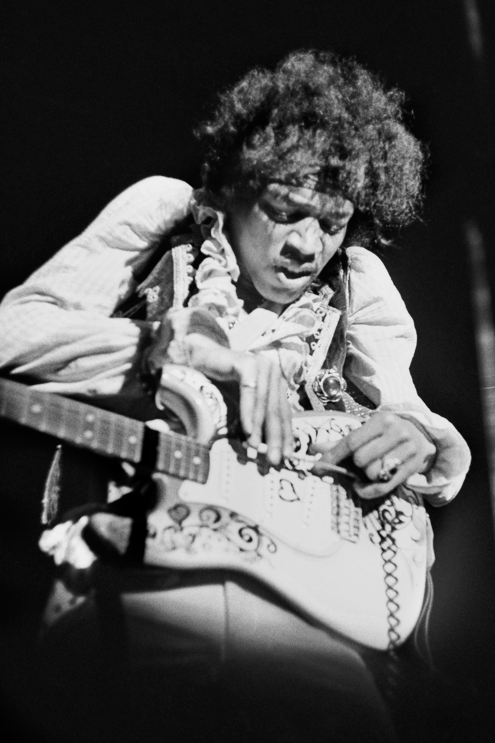 Jimi Hendrix on stage at the Monterey International Pop Music Festival on June 18, 1967.