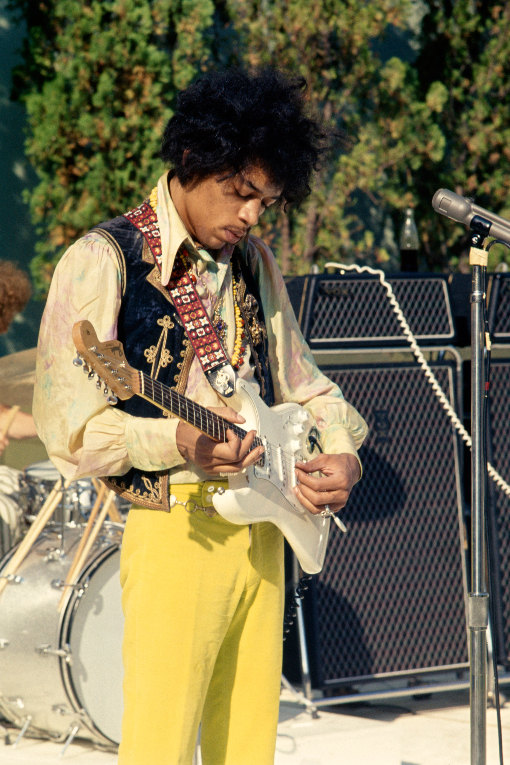 Jimi Hendrix on stage during a rehearsal ahead of the performance by The Jimi Hendrix Experience at the Hollywood Bowl on Aug. 18, 1967.