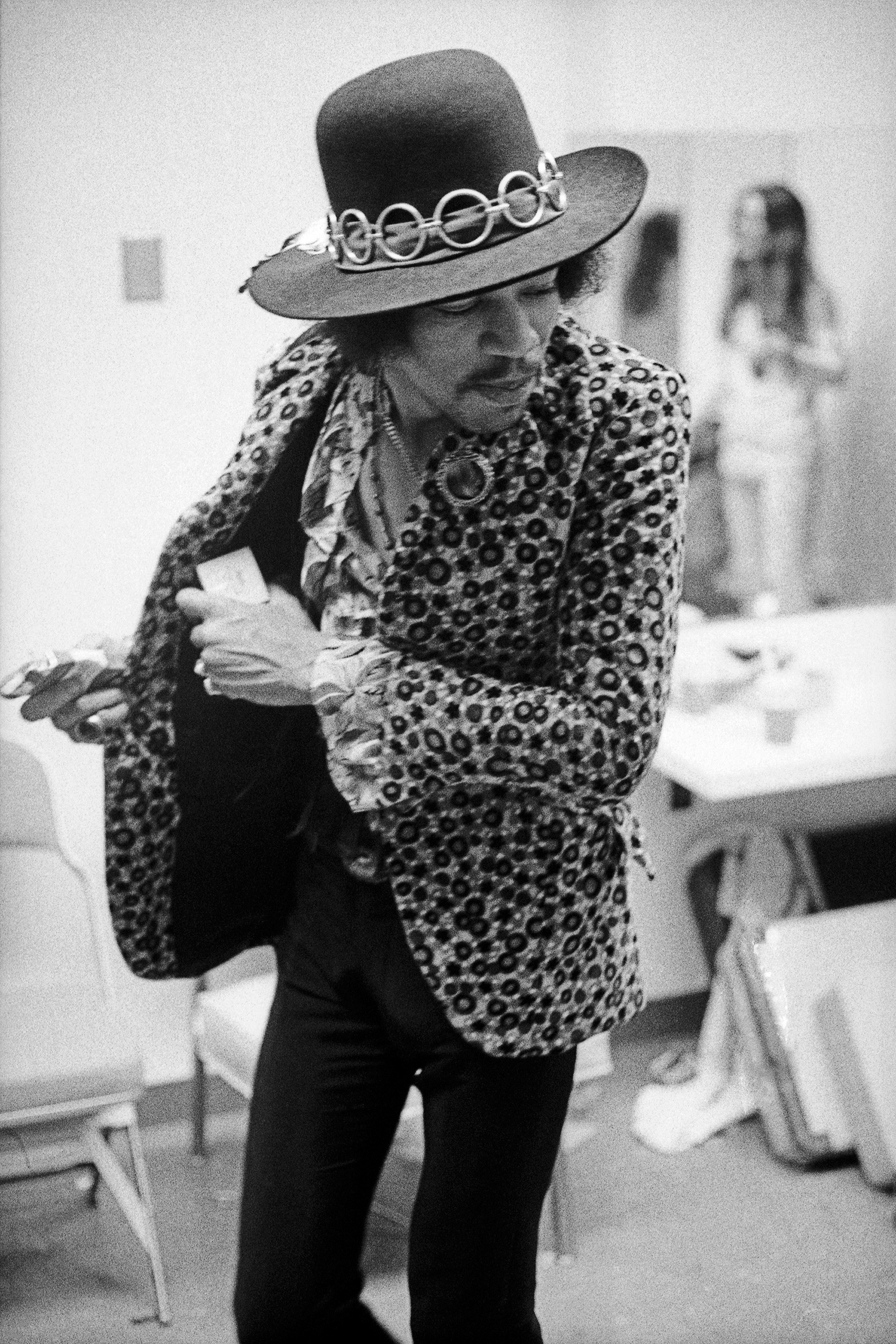 Jimi Hendrix backstage before his show at the Anaheim Convention Center, Anaheim, CA. on Feb. 9, 1968.