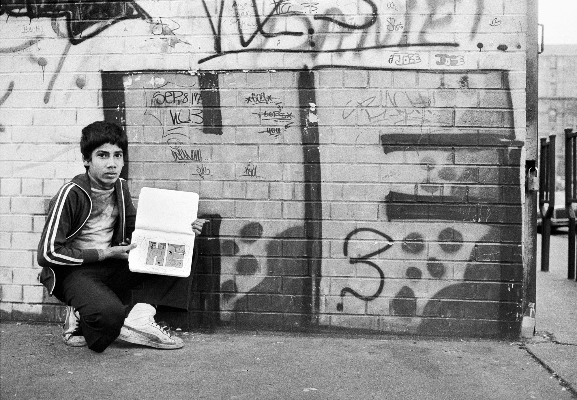 HE3 with His Notebook of Graffiti Drawing, Lower East Side, New York, NY, 1978-1980