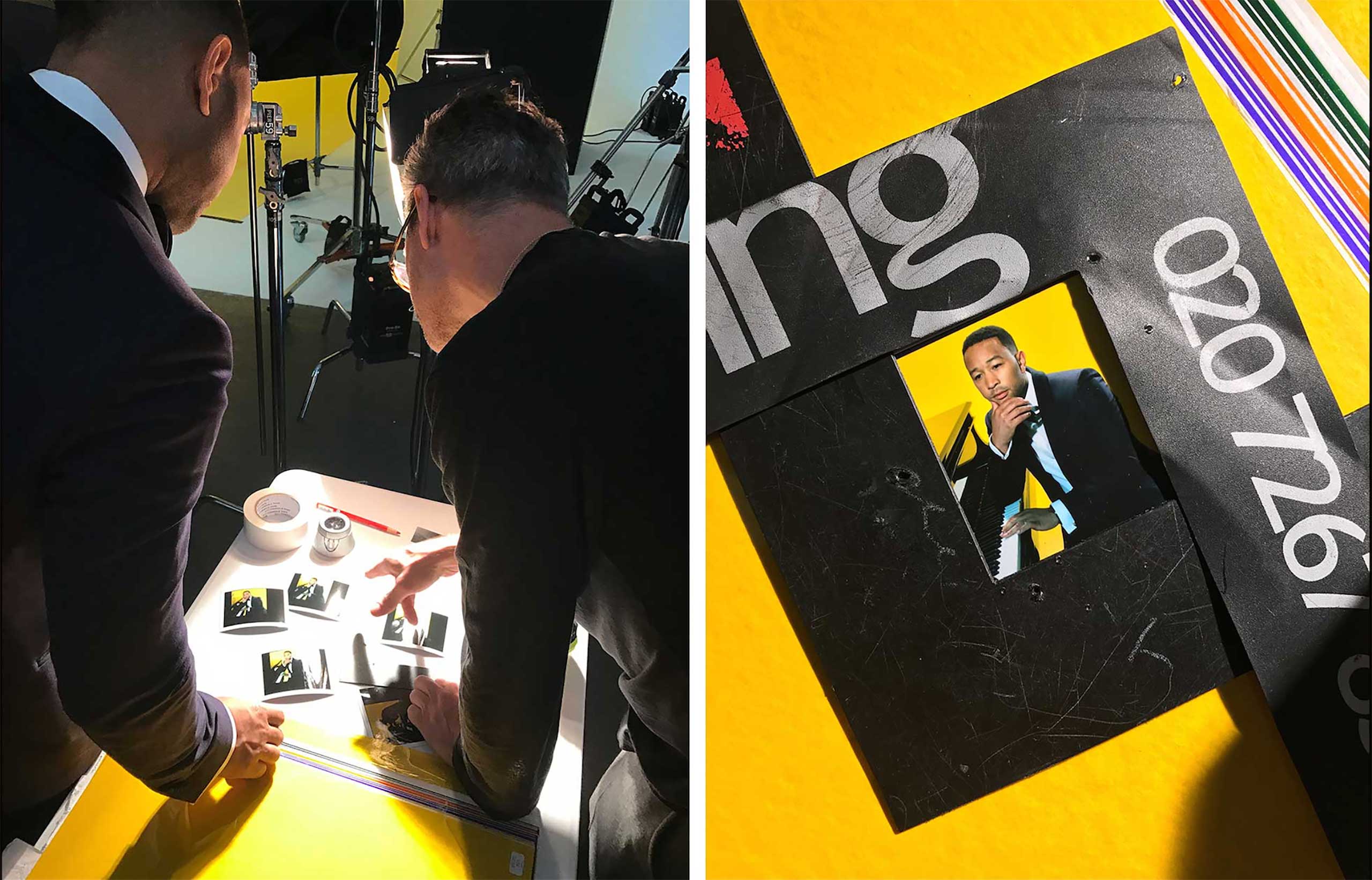 (L) John Legend and Miles Aldridge study the Polaroids on shoot. (Kira Pollack)