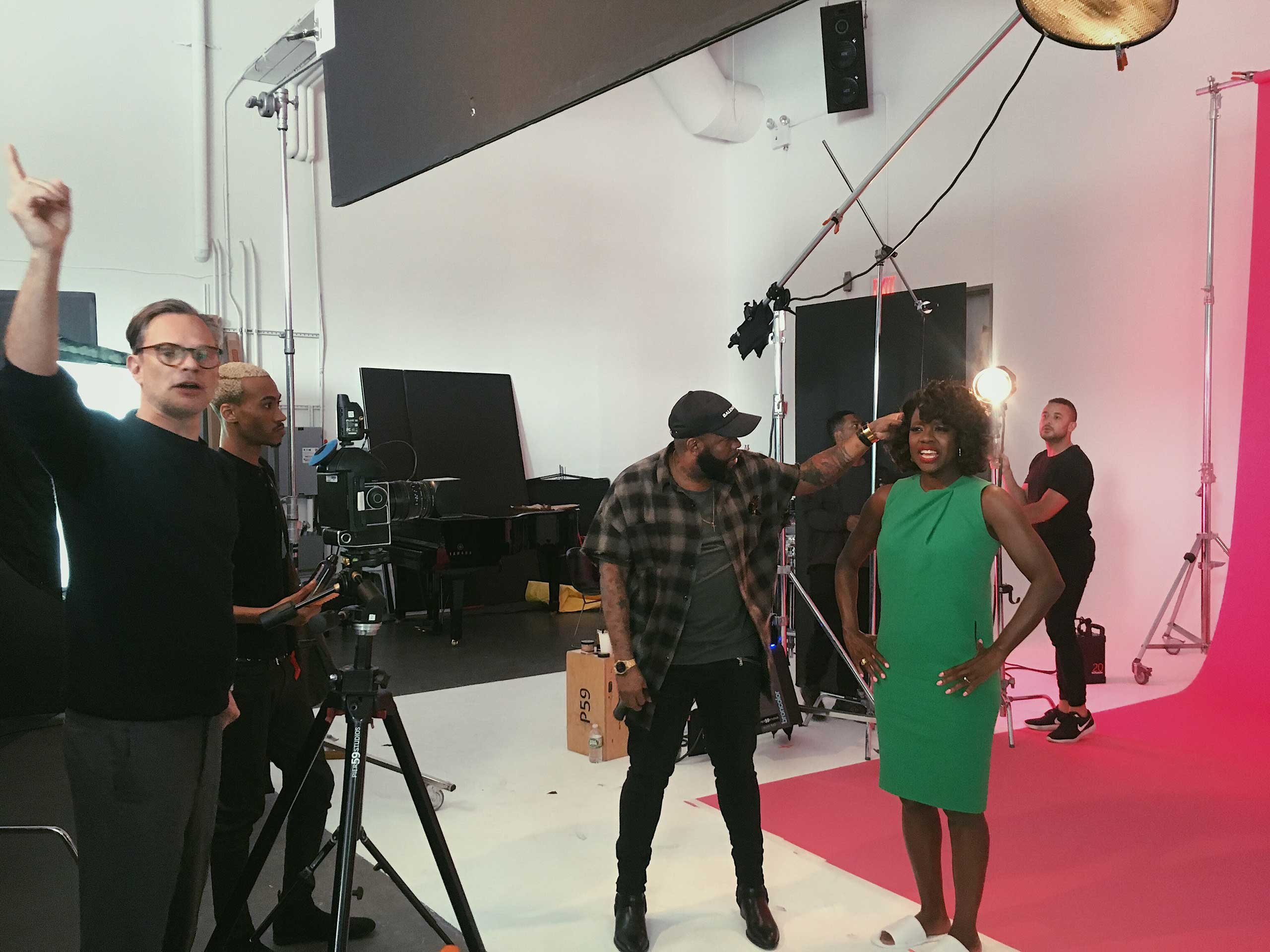 Miles Aldridge, hair stylist Yusef and Viola Davis on set for TIME 100. (Courtesy Miles Aldridge)