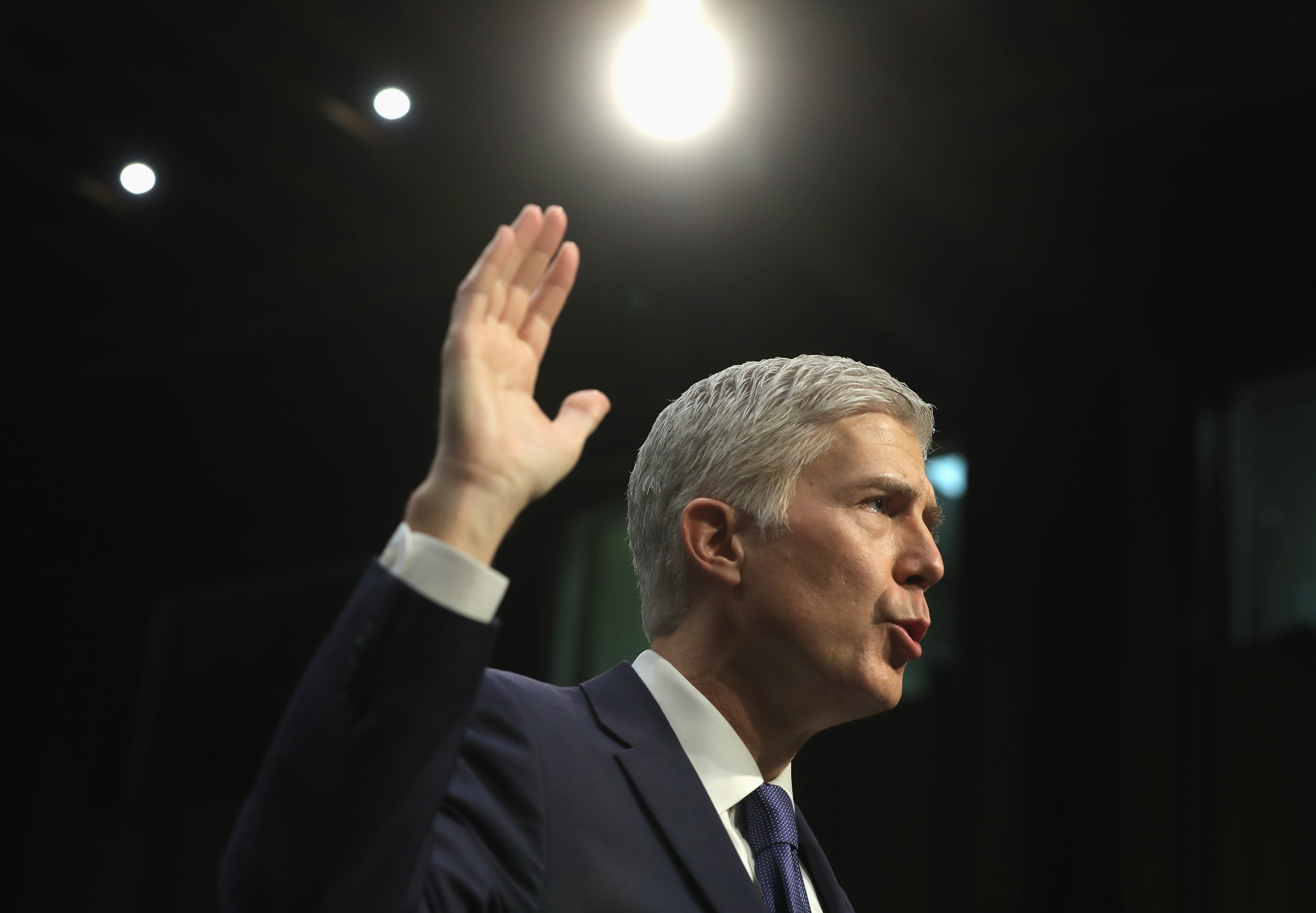 Judge Neil Gorsuch is sworn in on the first day of his Supreme Court confirmation hearing before the Senate Judiciary Committee in the Hart Senate Office Building on Capitol Hill March 20, 2017 in Washington, D.C. (Justin Sullivan&mdash;Getty Images)