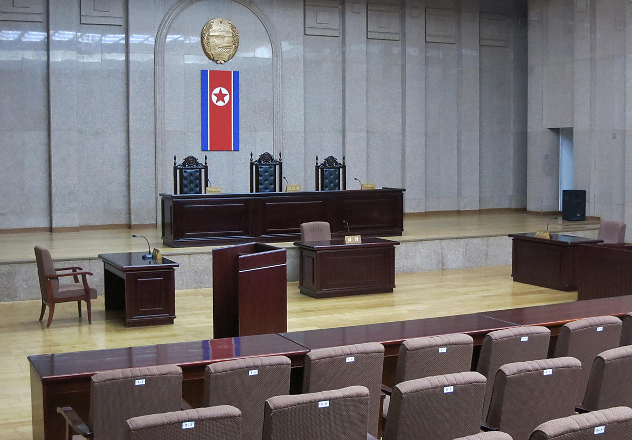 A North Korean flag hangs inside the interior of Pyongyang’s Supreme Court in March 2013.