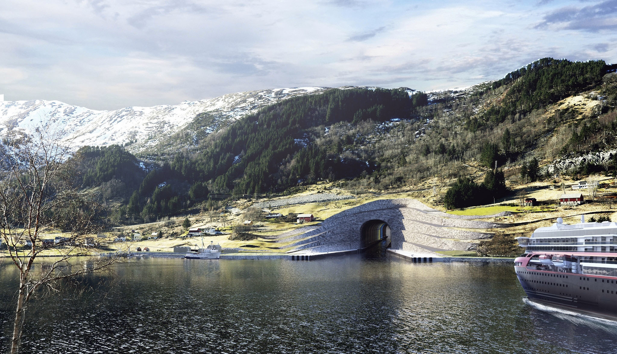 In this computer rendered image a ferry approaches the entrance of the Stad Ship Tunnel for ships in Norway on April 6, 2017. Norway plans to build the world's first tunnel for ships, a 1,700-meter (5,610-feet) passageway burrowed through a piece of rocky peninsula that will allow vessels to avoid a treacherous part of sea. (Snohetta/Norwegian Coastal Administration/AP)