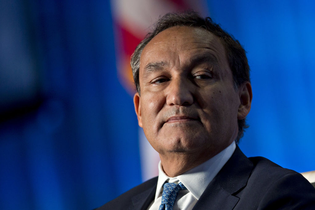 Oscar Munoz, chief executive officer of United Continental Holdings Inc., listens during a discussion at the U.S. Chamber of Commerce aviation summit in Washington, D.C., U.S., on Thursday, March 2, 2017. (Bloomberg via Getty Images)