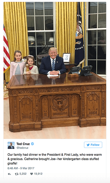 Senator Ted Cruz tweets a photo of his daughters with President Donald Trump in the oval office on March 9, 2017.