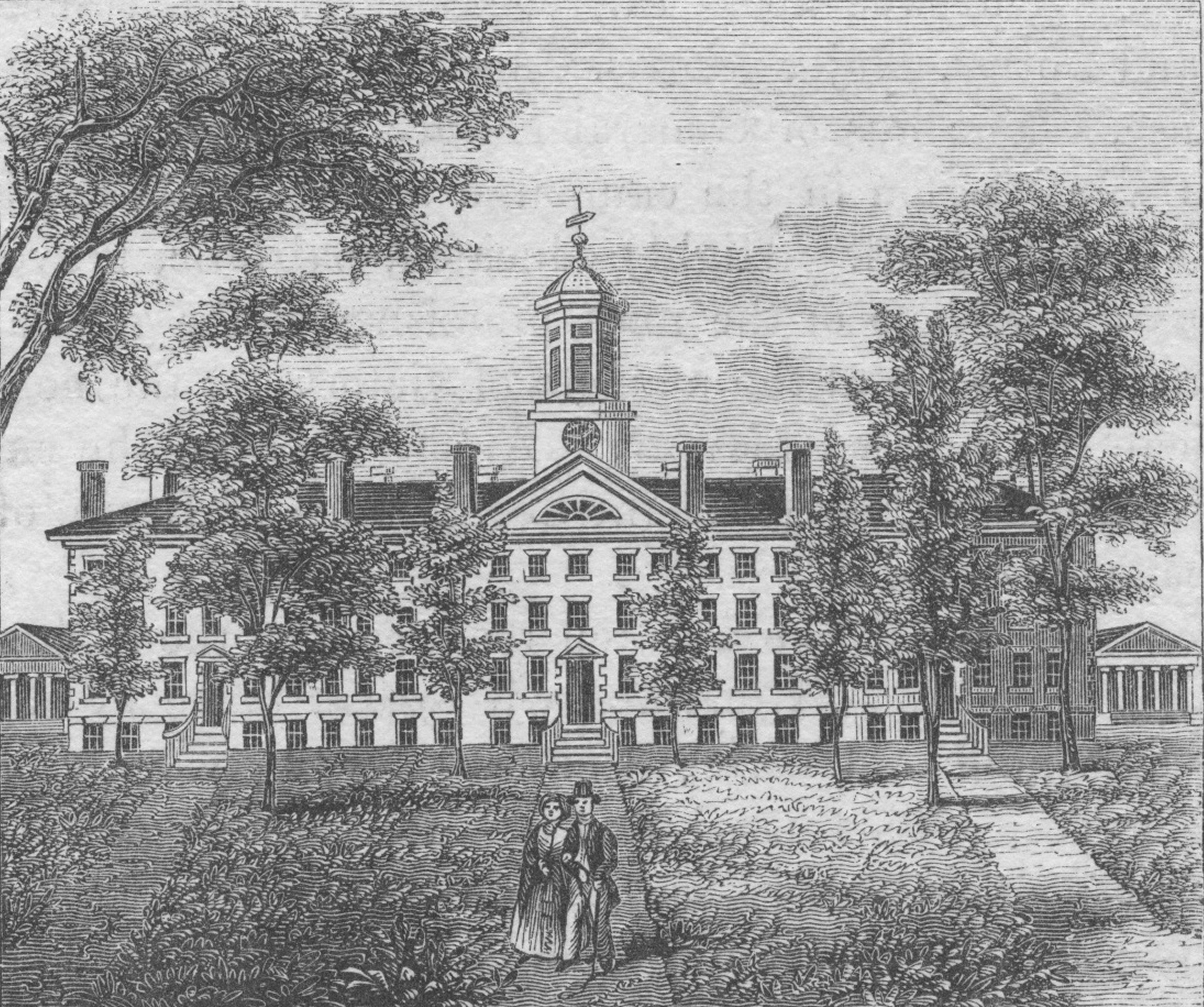 An engraving (circa 1800) depicting the exterior of Nassau Hall at Princeton University, which was constructed in 1756 and is the oldest building on the campus. (Smith Collection/Gado—Getty Images)