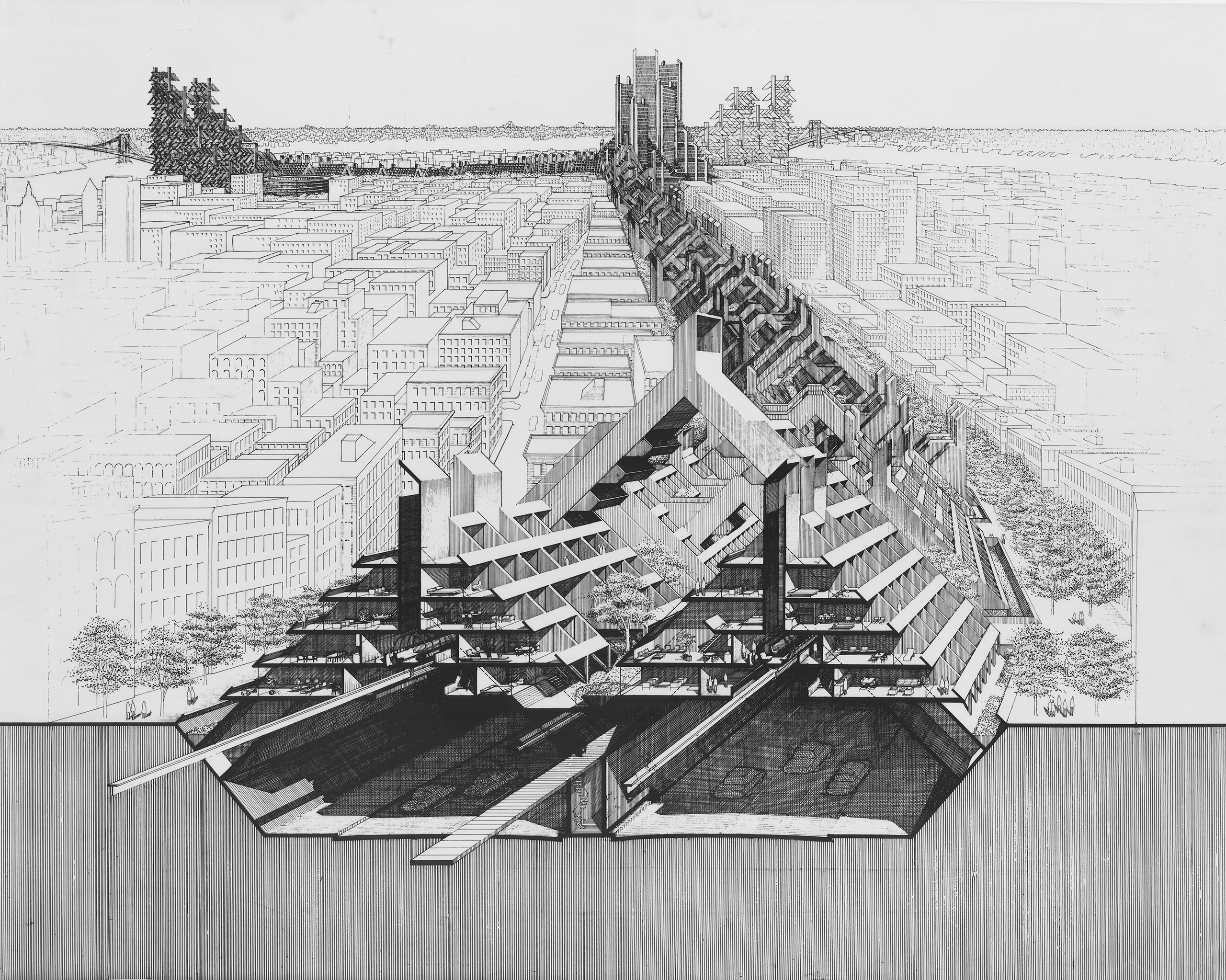 Concept renderings of Robert Moses' proposed LOMEX (Lower Manhattan Expressway).