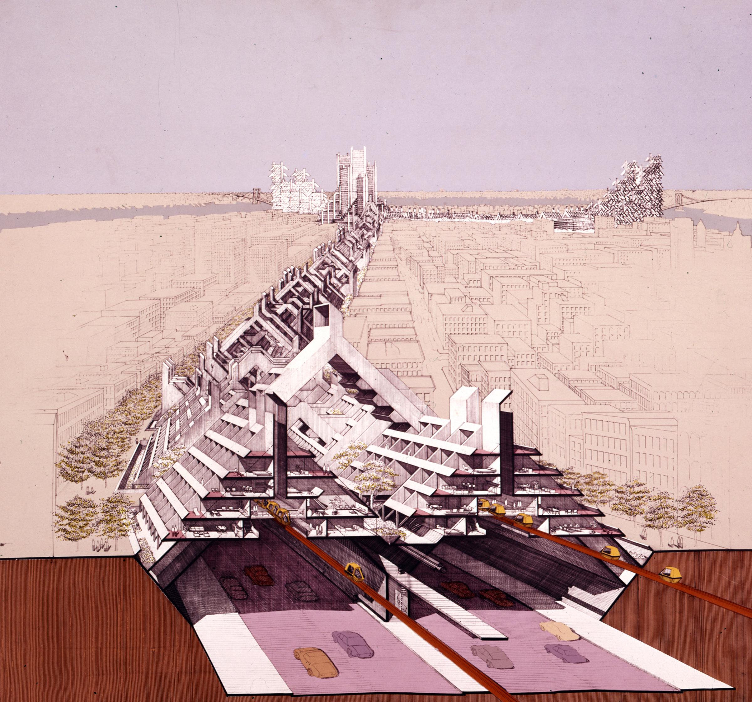 Concept renderings of Robert Moses' proposed LOMEX (Lower Manhattan Expressway).