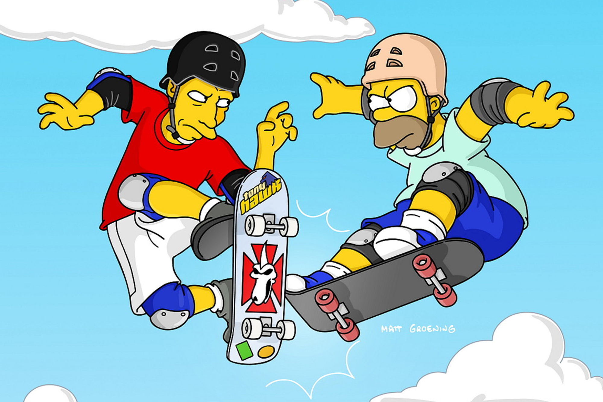 Tony Hawk: The pro skater appeared as himself in the 2003 episode "Barting Over," in which Bart gets angry with his dad and moves out, befriending new neighbor Hawk, who lets Homer beat him in a competition so that Bart can move back home.