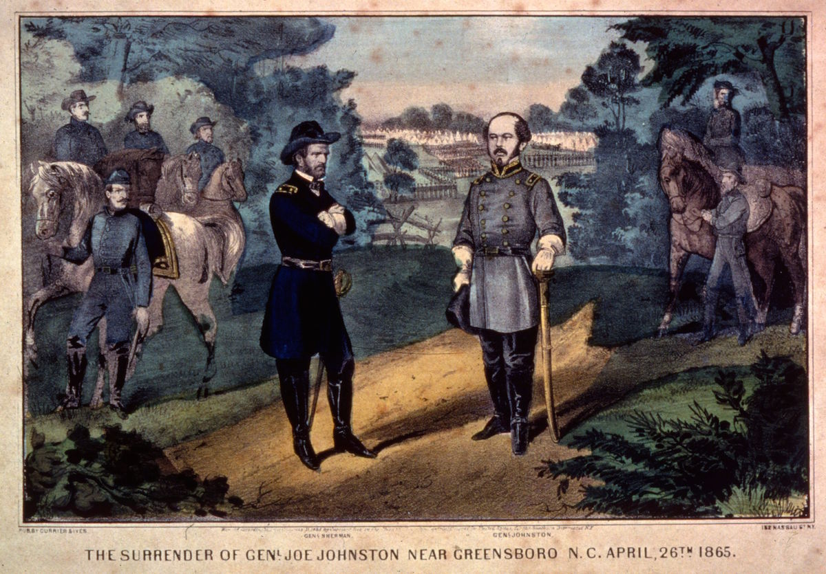 April 26, 1865:  The surrender of Confederate General Joseph Eggleston Johnston (1807 -1891) near Greenboro, North Carolina. Printed by Currier &amp; Ives. (MPI / Getty Images)
