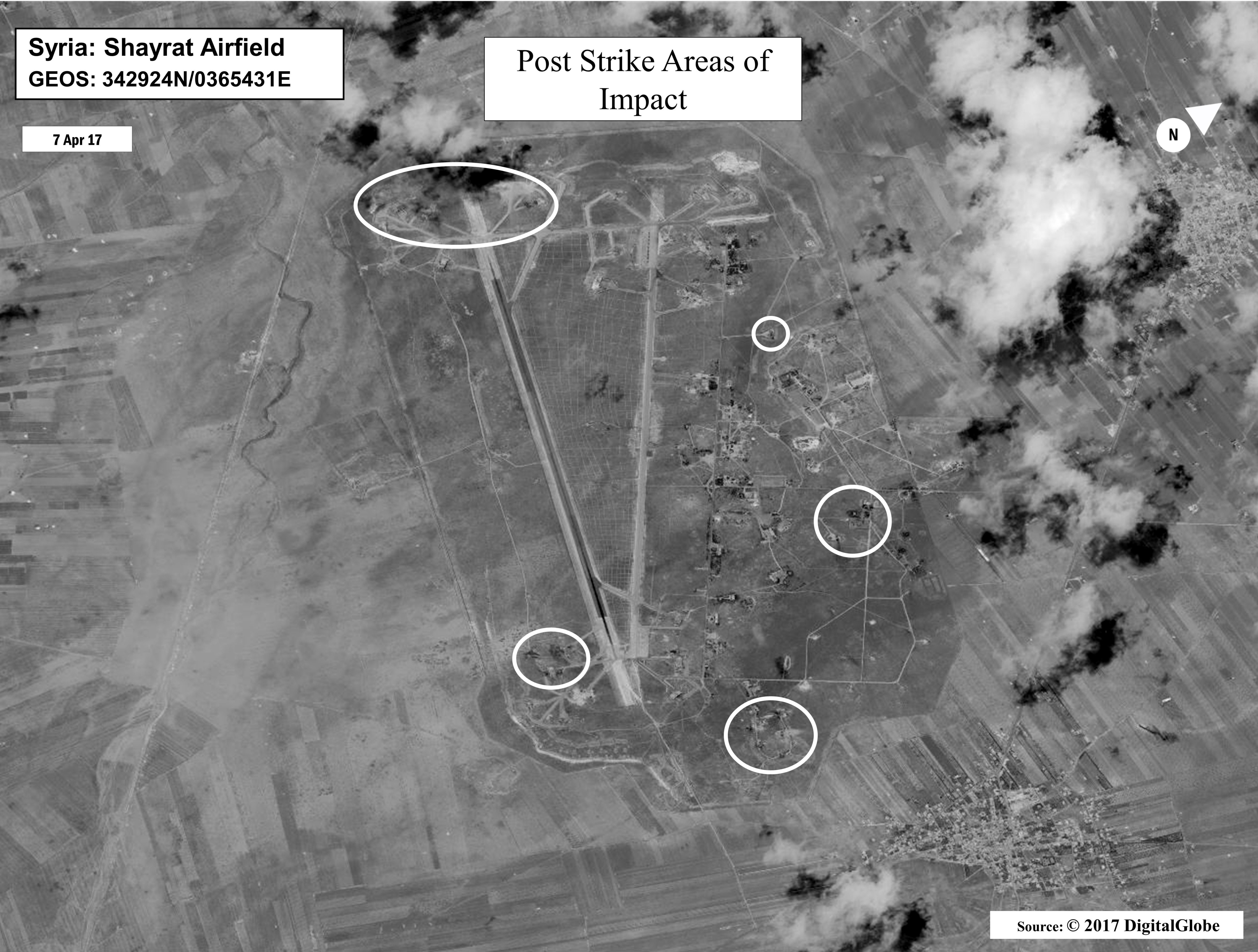 A damage assessment image of Shayrat air base in Syria, following U.S. Tomahawk Land Attack Missile strikes on April 7, 2017 from the USS Ross and USS Porter, Arleigh Burke-class guided-missile destroyers. (DigitalGlobe/U.S. Department of Defense/AP)