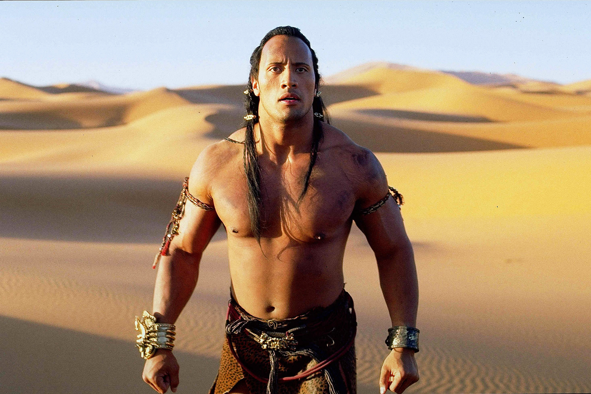 Johnson as Mathayus in The Scorpion King, one of his first feature films, in 2001.